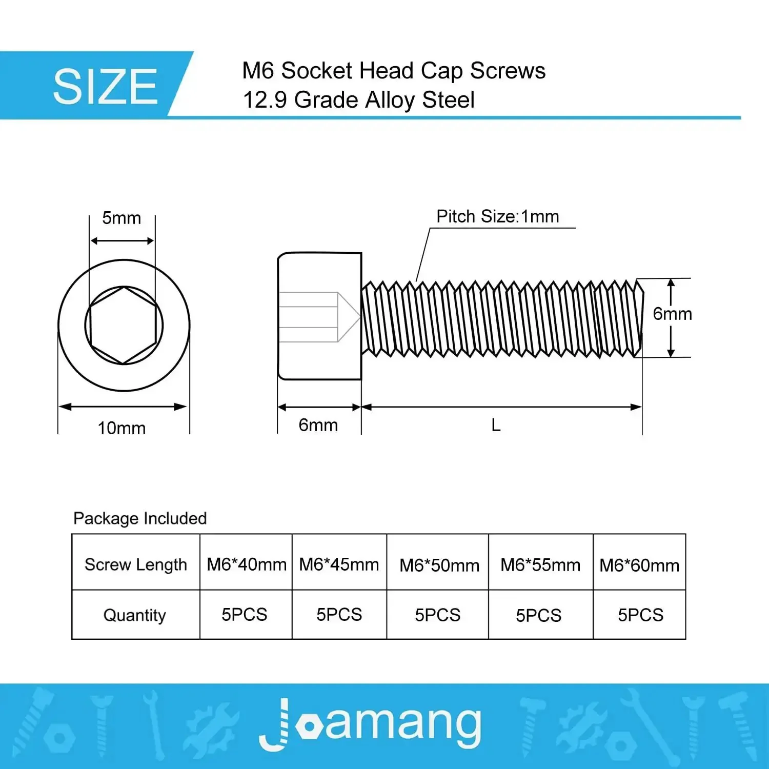 Hex Socket Head Cap Screws Set M6 Bolts 25 Pcs, 12.9 Grade Alloy Steel With Black Oxide Finish, Fully Threaded, Metric Allen Drive, 40 Millimeter, 45 Millimeter, 50 Millimeter, 55 Millimeter, 60 Millimeter Lengths, Heavy Duty Assortment Kit - Image 6