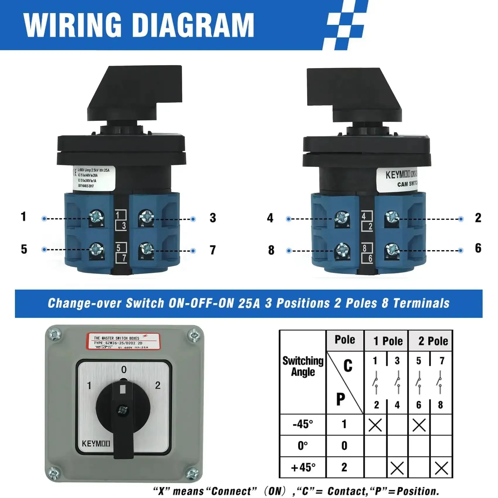 High Current 25A Rotary Changeover Switch For Solar Power Rig Setup With Exterior Box, 3 Position 2 Pole 8 Terminal, 2NO 2NC Universal Selector, 660V Ui, Flame Retardant PC Housing, Copper Silver Alloy Contacts, Easy Mount - Image 6