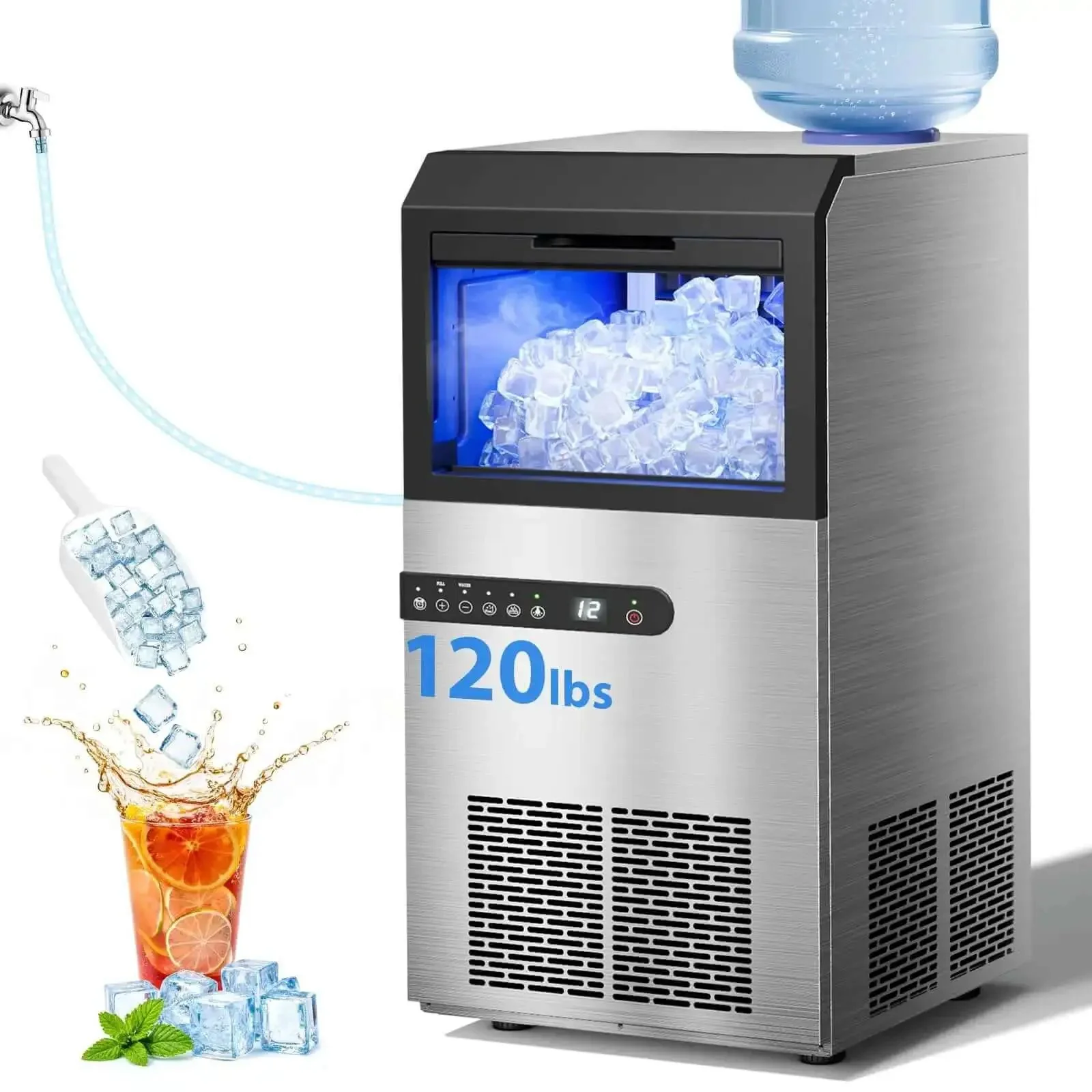 High Efficiency Under Counter Ice Maker, 120 Lbs Per Day, Stainless Steel, 45 Ice Cubes Per Cycle, Dual Water Inlet Modes, Self Clean, 24 Hour Timer, 29Lb Storage Bin For Bar, Coffee Shop, Or Home
