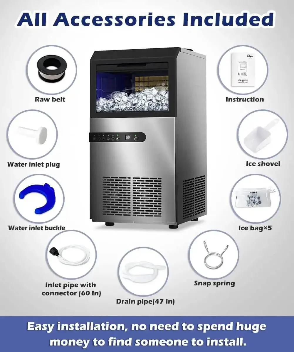 High Efficiency Under Counter Ice Maker, 120 Lbs Per Day, Stainless Steel, 45 Ice Cubes Per Cycle, Dual Water Inlet Modes, Self Clean, 24 Hour Timer, 29Lb Storage Bin For Bar, Coffee Shop, Or Home - Image 3