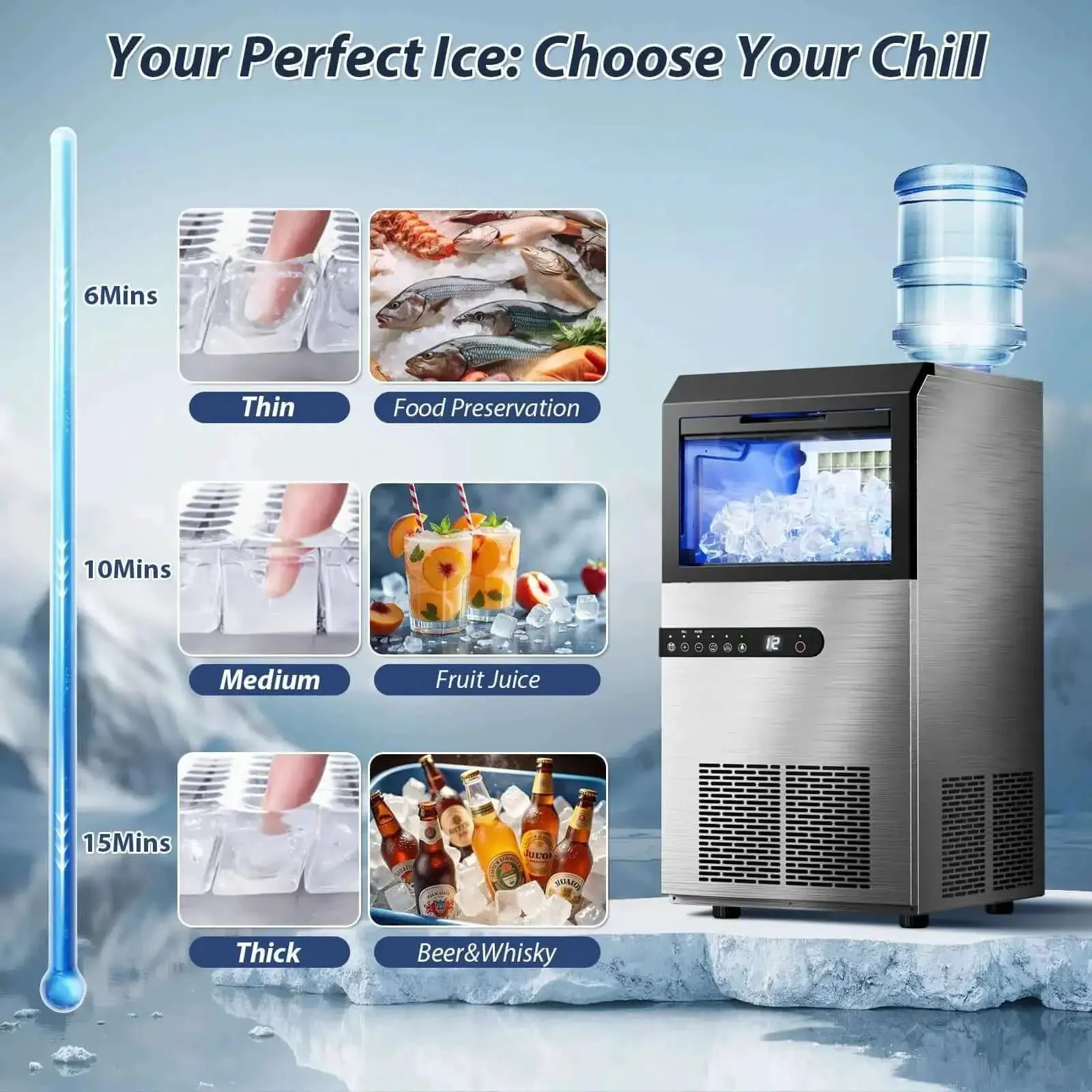 High Efficiency Under Counter Ice Maker, 120 Lbs Per Day, Stainless Steel, 45 Ice Cubes Per Cycle, Dual Water Inlet Modes, Self Clean, 24 Hour Timer, 29Lb Storage Bin For Bar, Coffee Shop, Or Home - Image 5