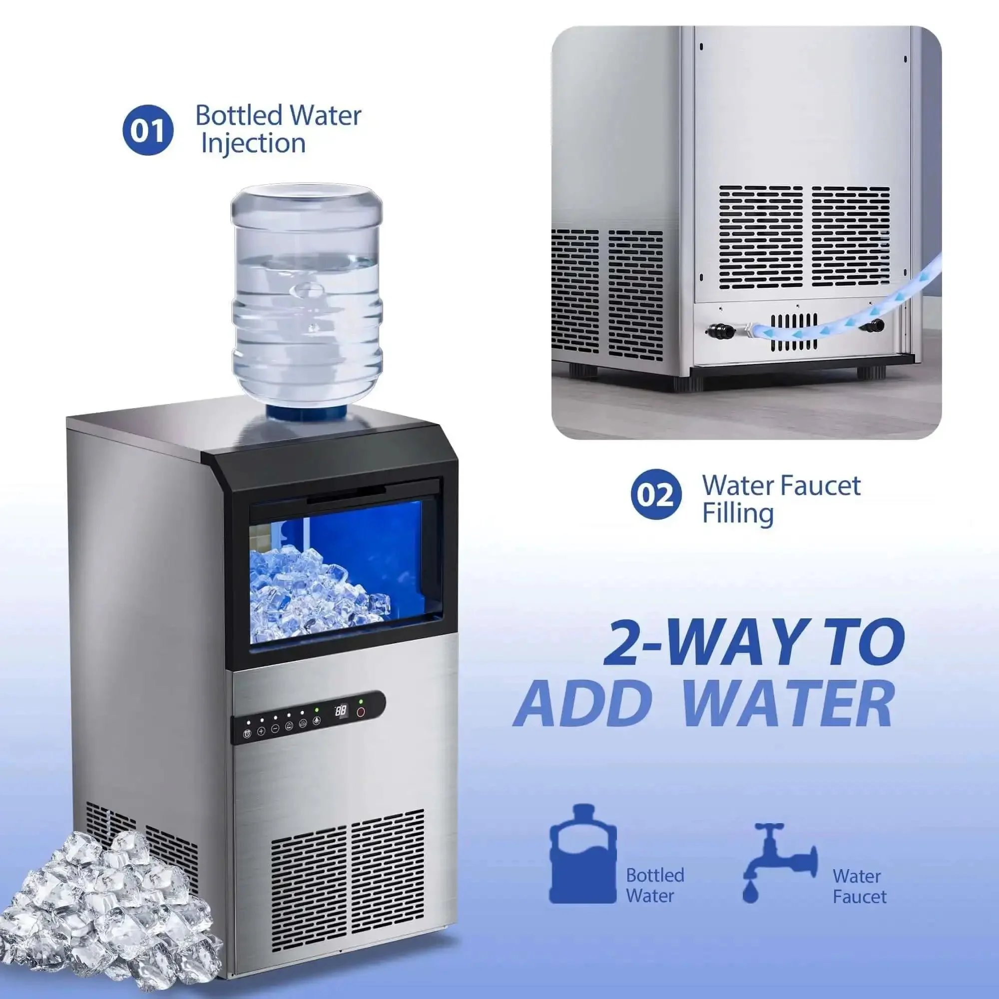 High Efficiency Under Counter Ice Maker, 120 Lbs Per Day, Stainless Steel, 45 Ice Cubes Per Cycle, Dual Water Inlet Modes, Self Clean, 24 Hour Timer, 29Lb Storage Bin For Bar, Coffee Shop, Or Home - Image 8
