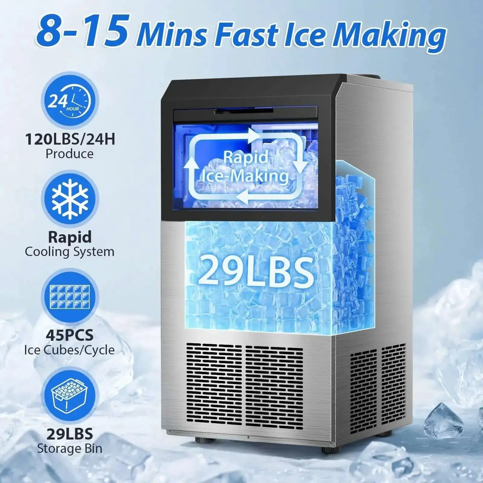 High Efficiency Under Counter Ice Maker, 120 Lbs Per Day, Stainless Steel, 45 Ice Cubes Per Cycle, Dual Water Inlet Modes, Self Clean, 24 Hour Timer, 29Lb Storage Bin For Bar, Coffee Shop, Or Home - Image 9