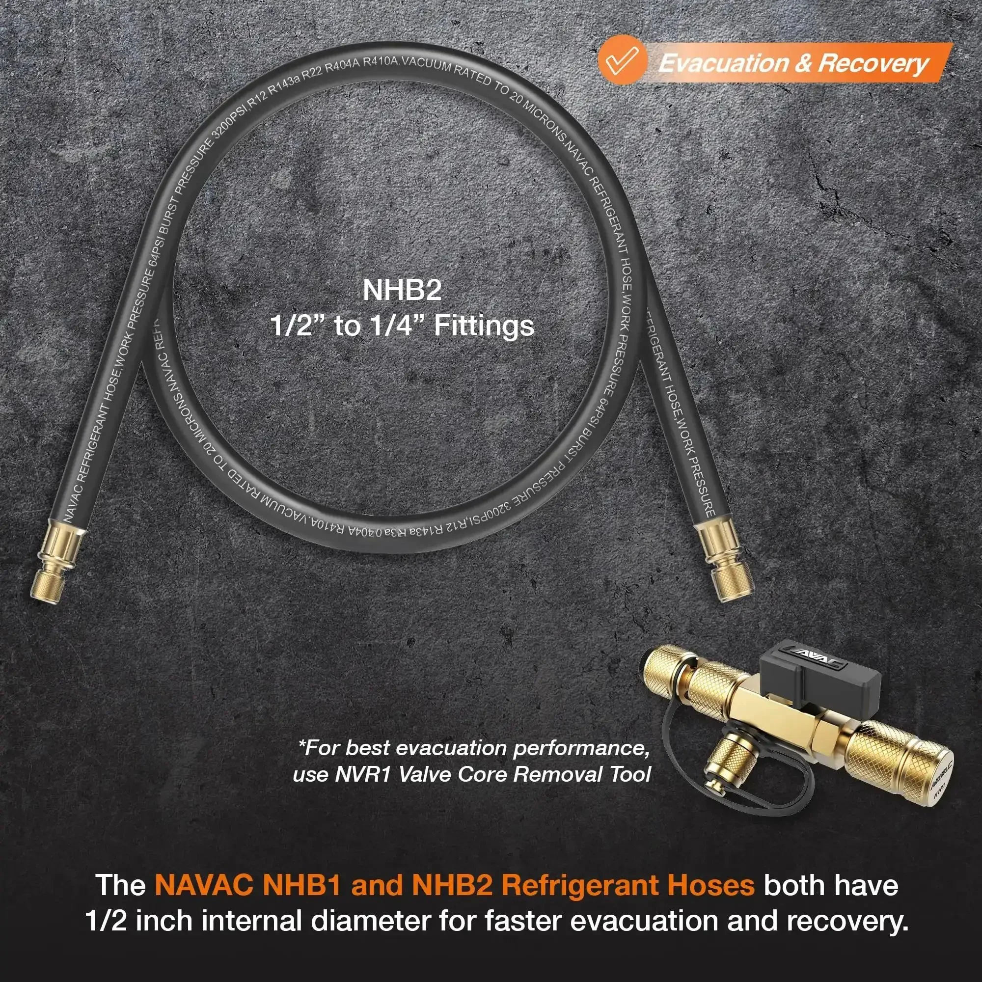 High Flow Refrigerant Hose for HVAC One Half Inch to One Quarter Inch Fittings Six Feet Long One Half Inch Inner Diameter Fast Evacuation and Recovery Three Thousand Two Hundred PSI Burst Twenty Micron Vacuum One Year Warranty - Image 5