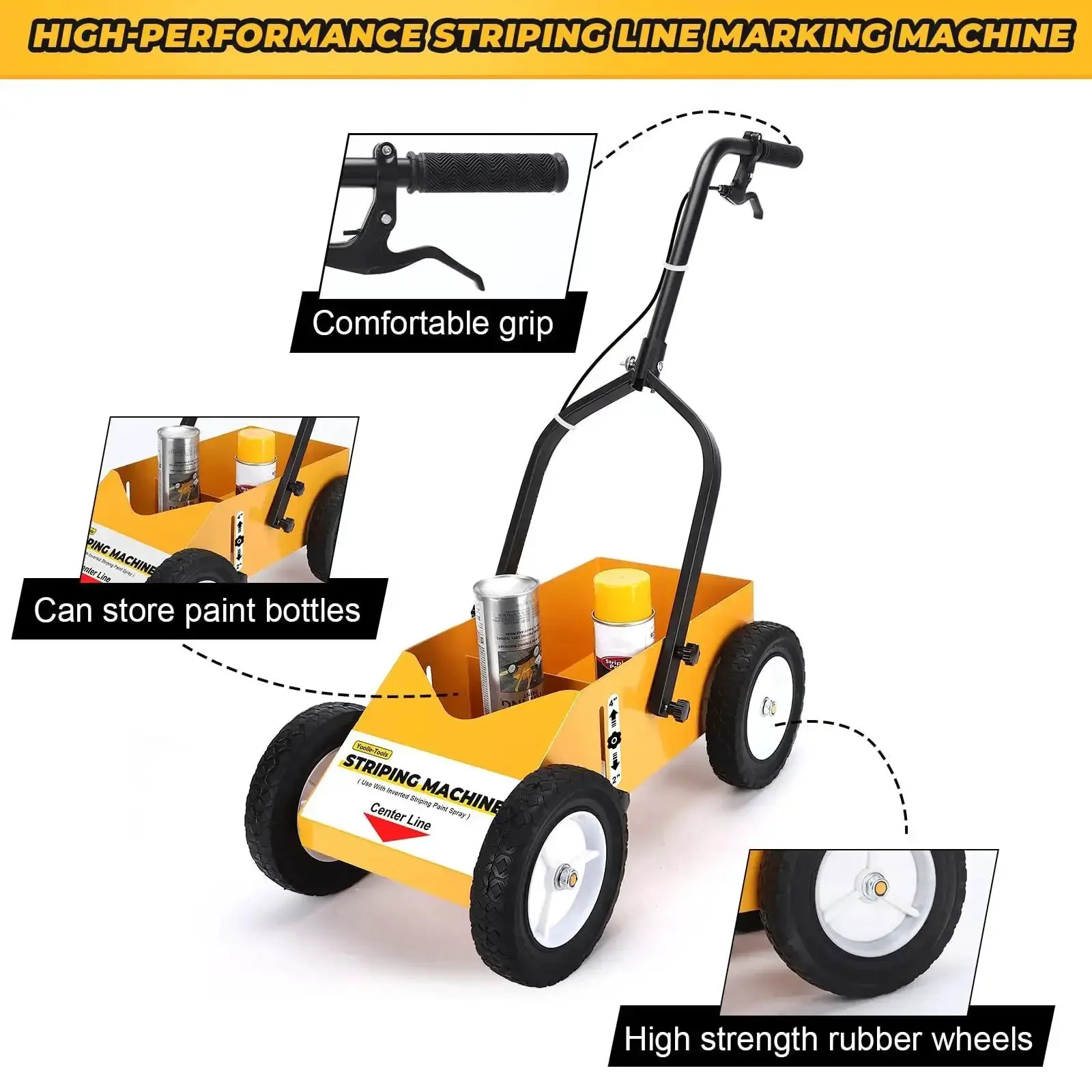 High Performance Parking Lot Line Striper For Inverted Spray Paint With 8 Inch Heavy Duty Wheels Professional Inverted Spray Paint Compatible Easy To Use Lane Marking Machine Durable Yellow - Image 4