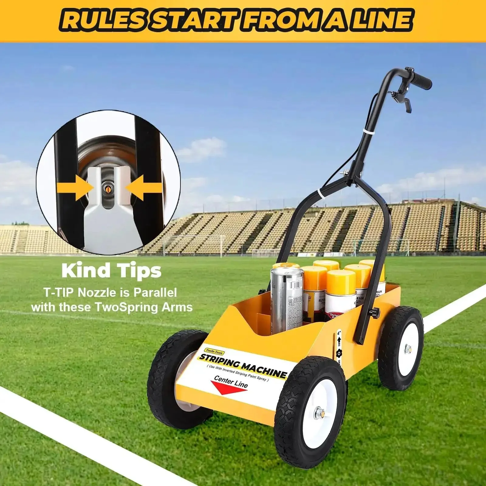 High Performance Parking Lot Line Striper For Inverted Spray Paint With 8 Inch Heavy Duty Wheels Professional Inverted Spray Paint Compatible Easy To Use Lane Marking Machine Durable Yellow - Image 5