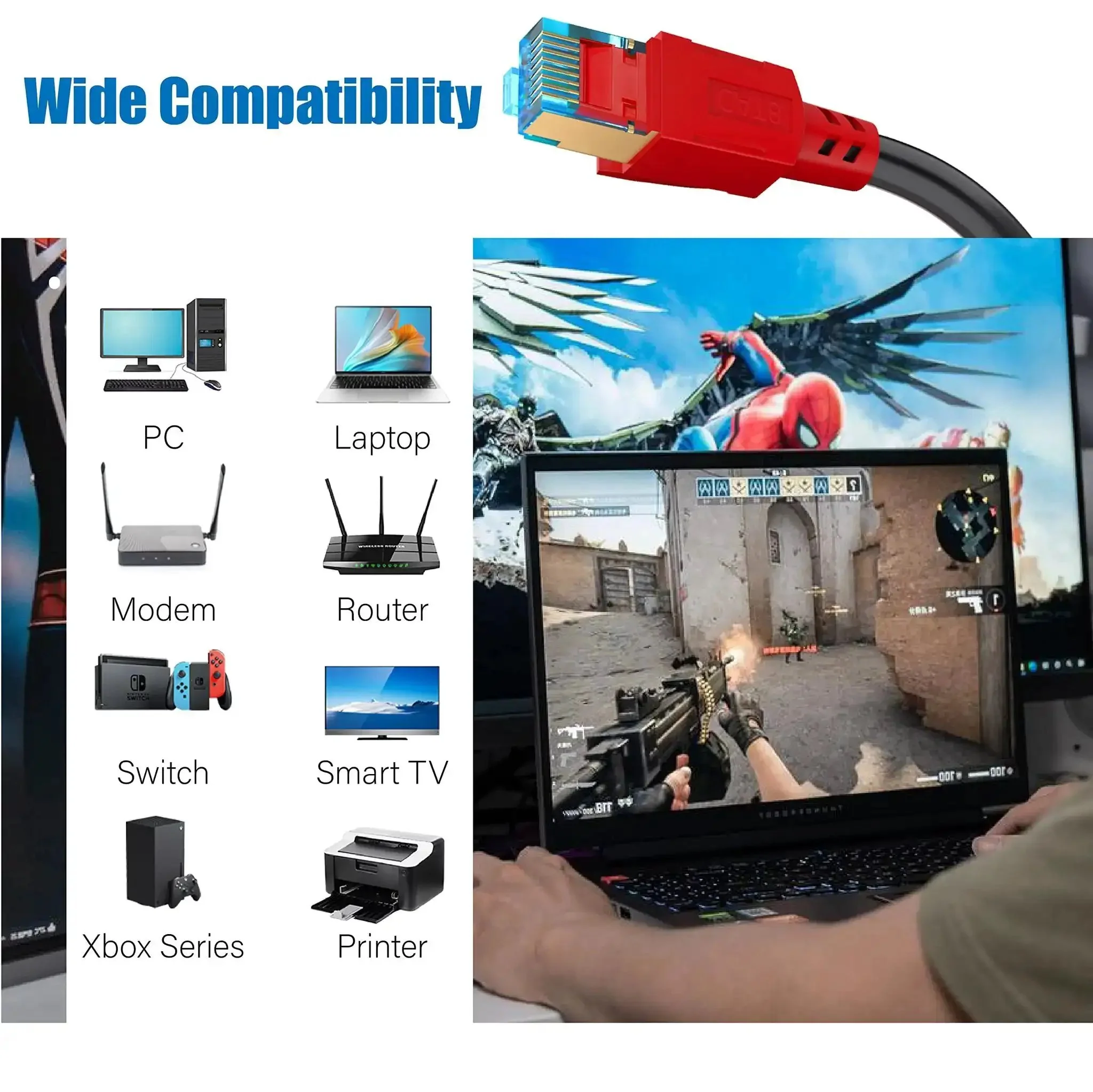 High Speed Cat 8 Ethernet Cable 50 Ft 6 Ft 10 Ft 20 Ft 30 Ft 40 Ft 75 Ft 100 Ft 150 Ft Indoor Outdoor Shielded In Wall Professional LAN Cable 40Gbps 2000MHz 26AWG Heavy Duty For Gaming Streaming And Blazing Fast Downloads - Image 4
