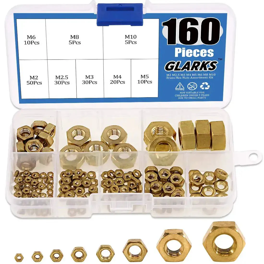 High Strength Brass Hex Nuts Set 160Pcs Metric M2 M2.5 M3 M4 M5 M6 M8 M10 Assortment Kit In Organized Plastic Box Great For DIY Projects Electronics And Furniture Mounts Mega Handy Durable Fasteners With All Common Sizes