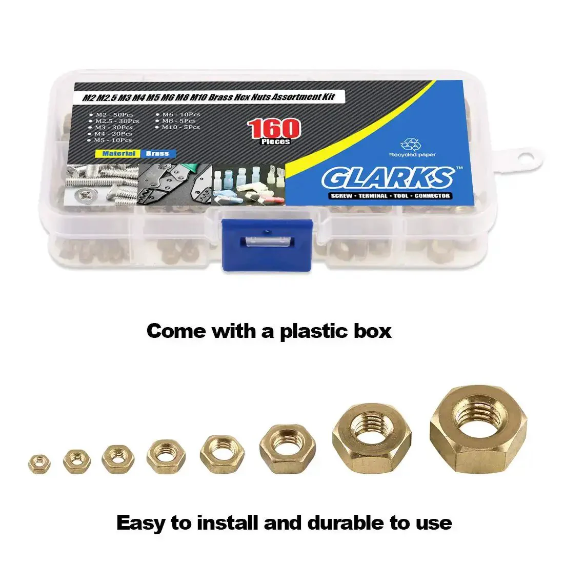 High Strength Brass Hex Nuts Set 160Pcs Metric M2 M2.5 M3 M4 M5 M6 M8 M10 Assortment Kit In Organized Plastic Box Great For DIY Projects Electronics And Furniture Mounts Mega Handy Durable Fasteners With All Common Sizes - Image 2