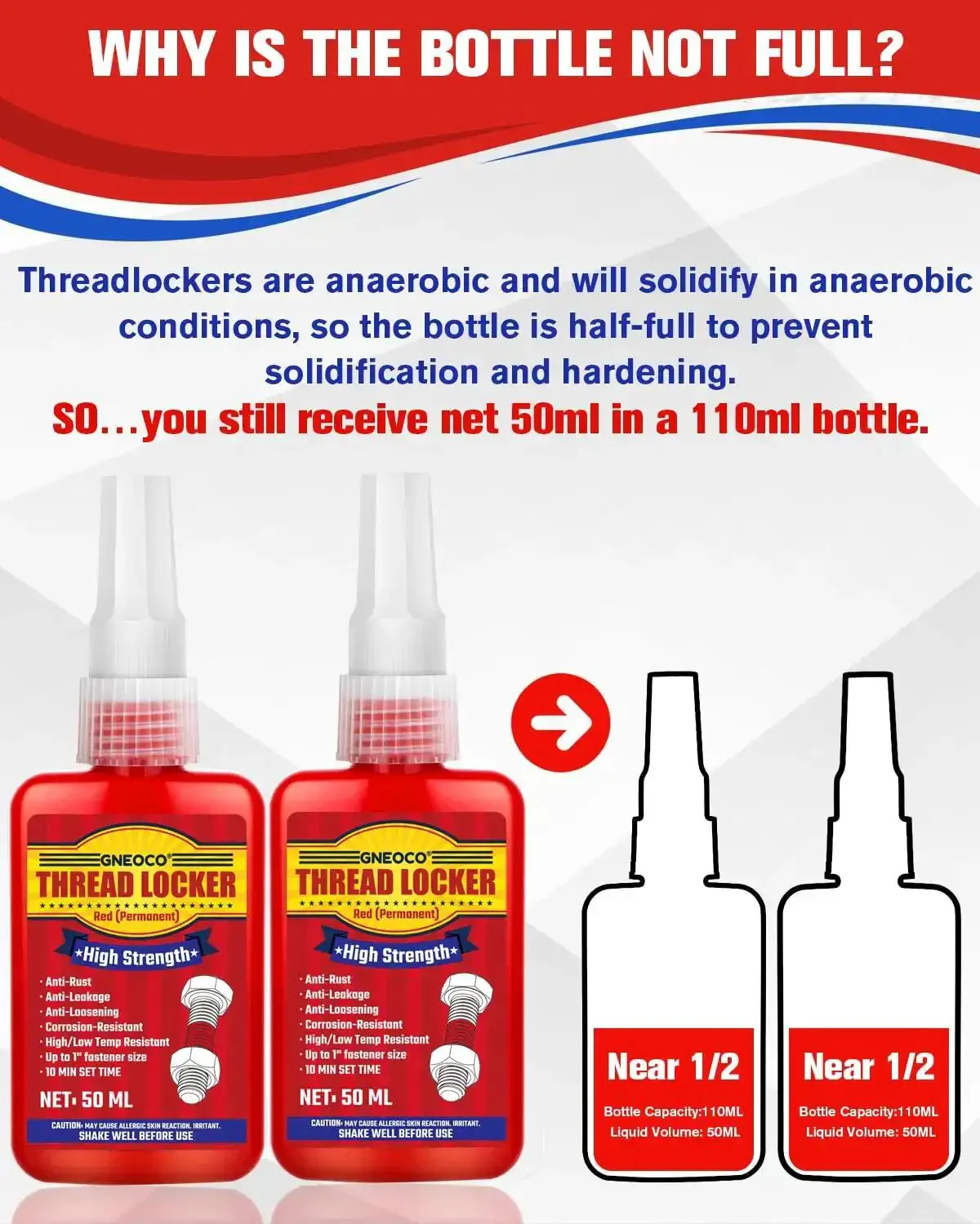 High Strength Red Thread Locker for Nuts and Bolts Permanent Bonding That Prevents Loosening From Vibration Ideal For Automotive Machinery And DIY Fasteners Two 50ml Bottles Of Red Anaerobic Glue - Image 2