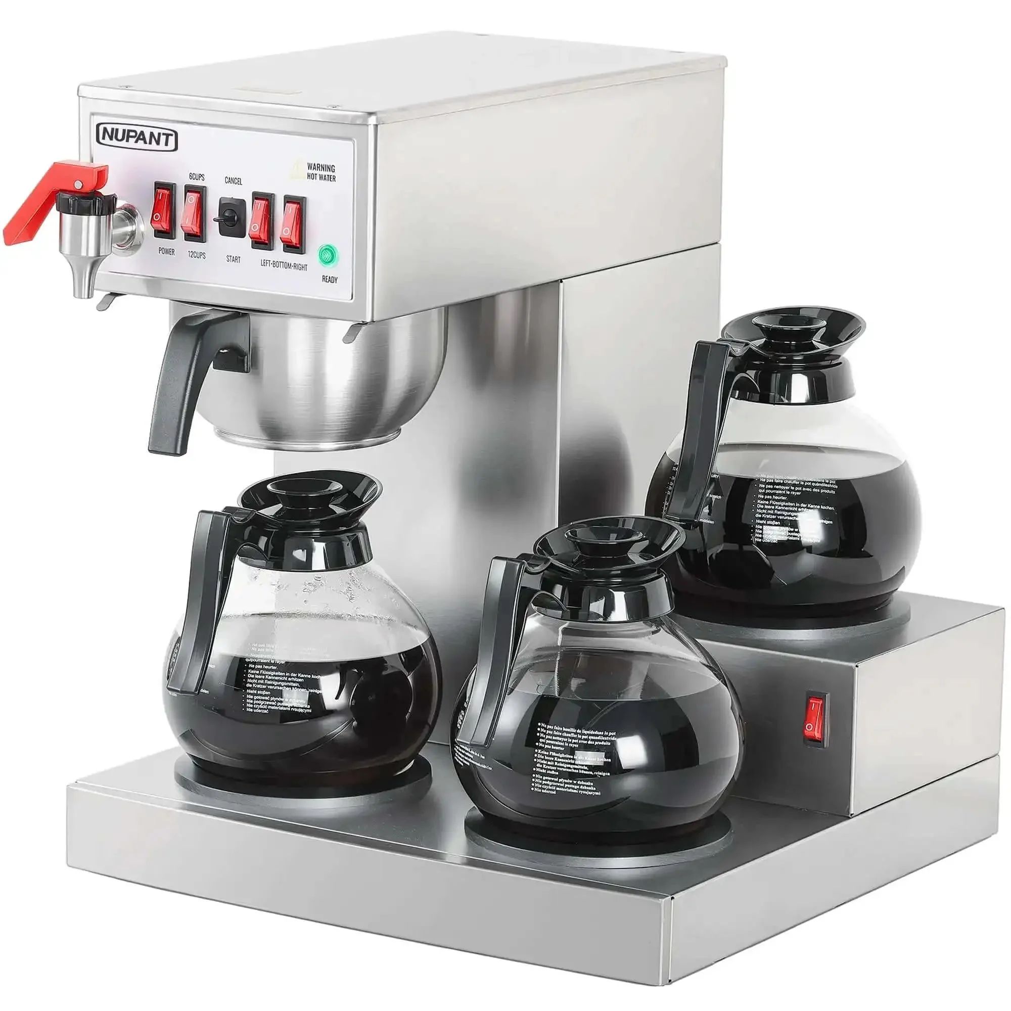 High Volume 12 Cup Auto Filling Drip Coffee Maker With Three Glass Carafes And Three Warmers Heavy Duty Stainless Steel Pour Over Brewer With Hot Water Supply For Restaurant Office Cafe And Busy Break Rooms