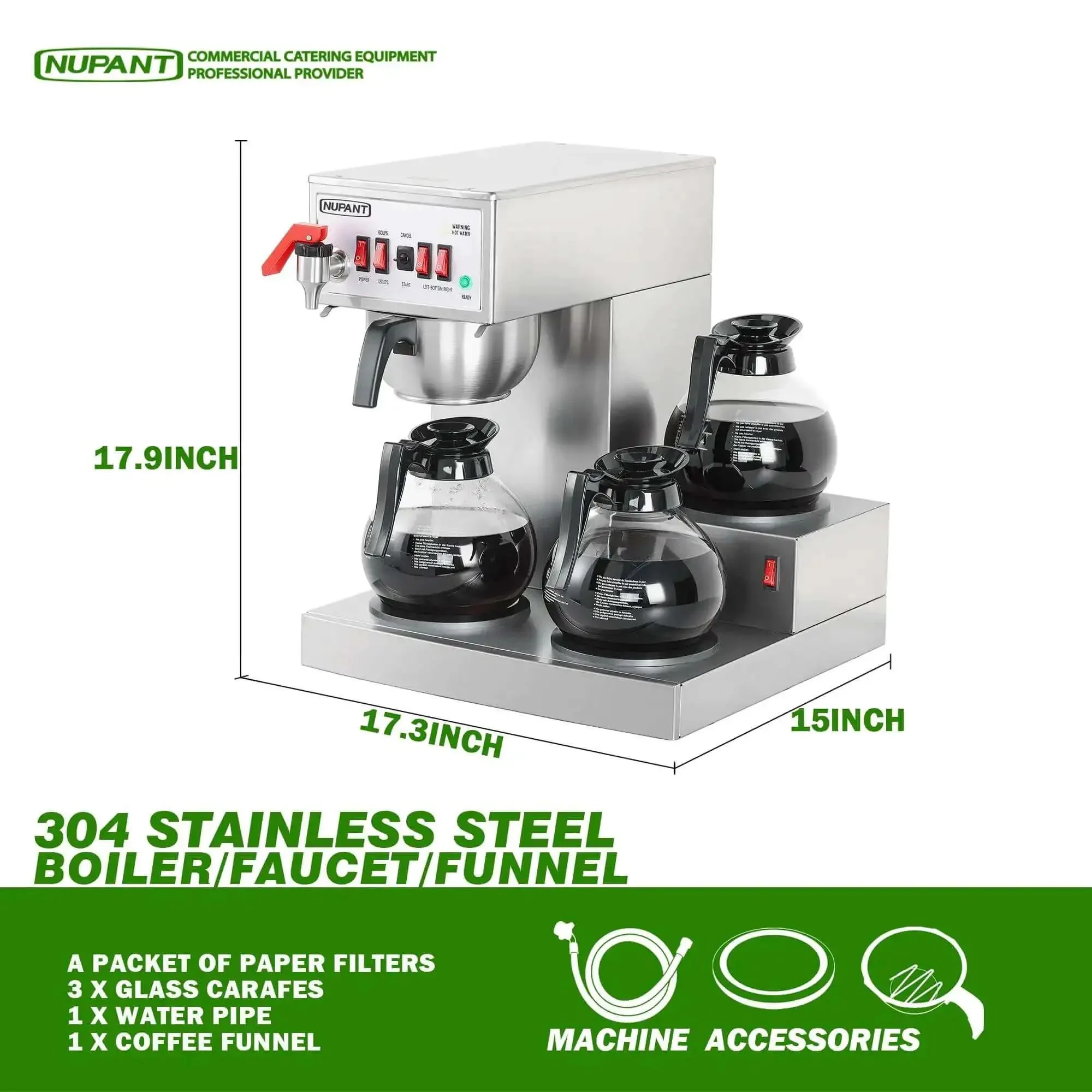 High Volume 12 Cup Auto Filling Drip Coffee Maker With Three Glass Carafes And Three Warmers Heavy Duty Stainless Steel Pour Over Brewer With Hot Water Supply For Restaurant Office Cafe And Busy Break Rooms - Image 2