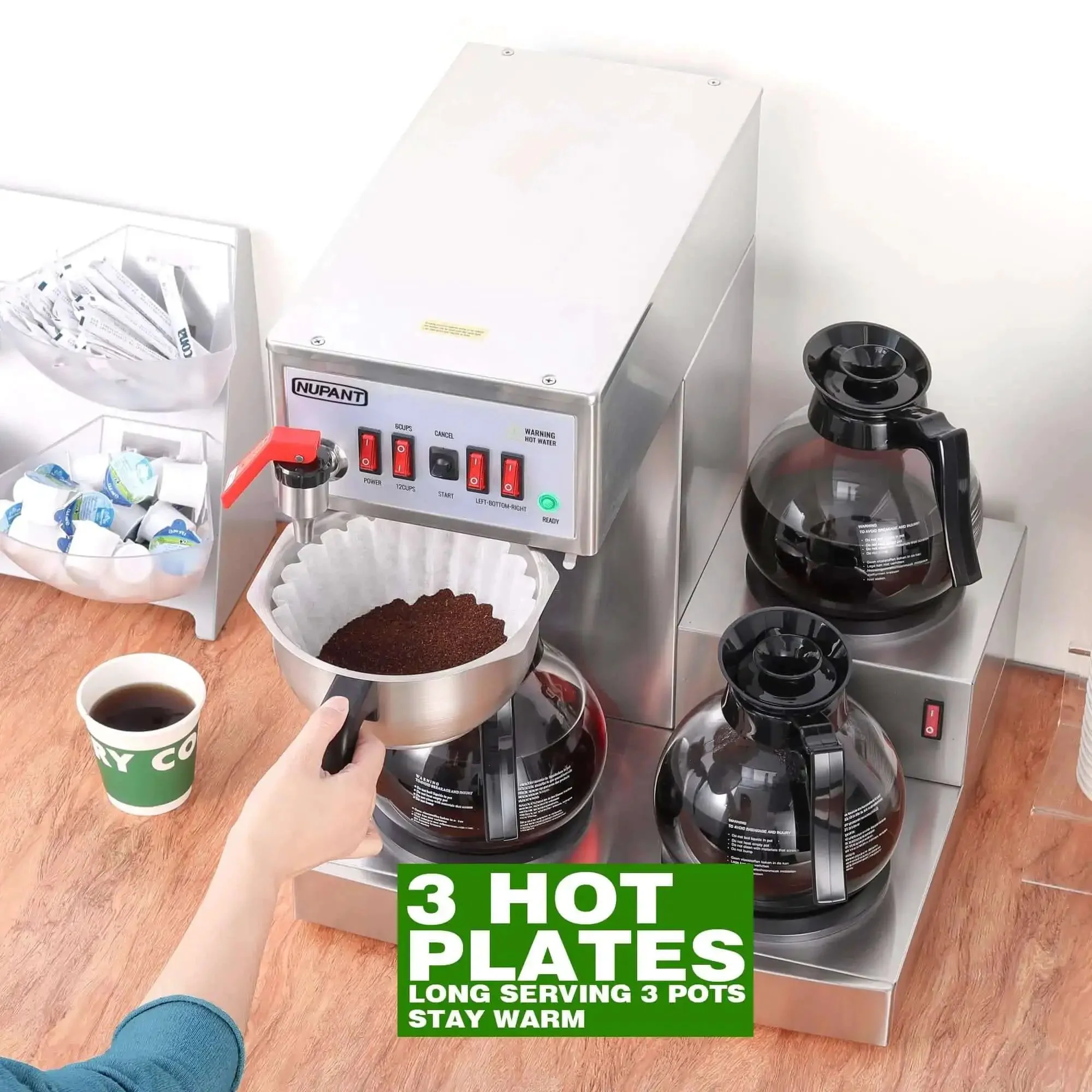 High Volume 12 Cup Auto Filling Drip Coffee Maker With Three Glass Carafes And Three Warmers Heavy Duty Stainless Steel Pour Over Brewer With Hot Water Supply For Restaurant Office Cafe And Busy Break Rooms - Image 3