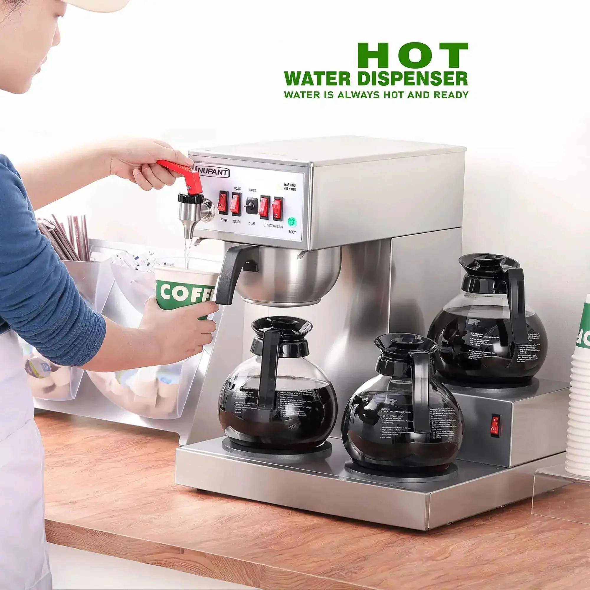 High Volume 12 Cup Auto Filling Drip Coffee Maker With Three Glass Carafes And Three Warmers Heavy Duty Stainless Steel Pour Over Brewer With Hot Water Supply For Restaurant Office Cafe And Busy Break Rooms - Image 4