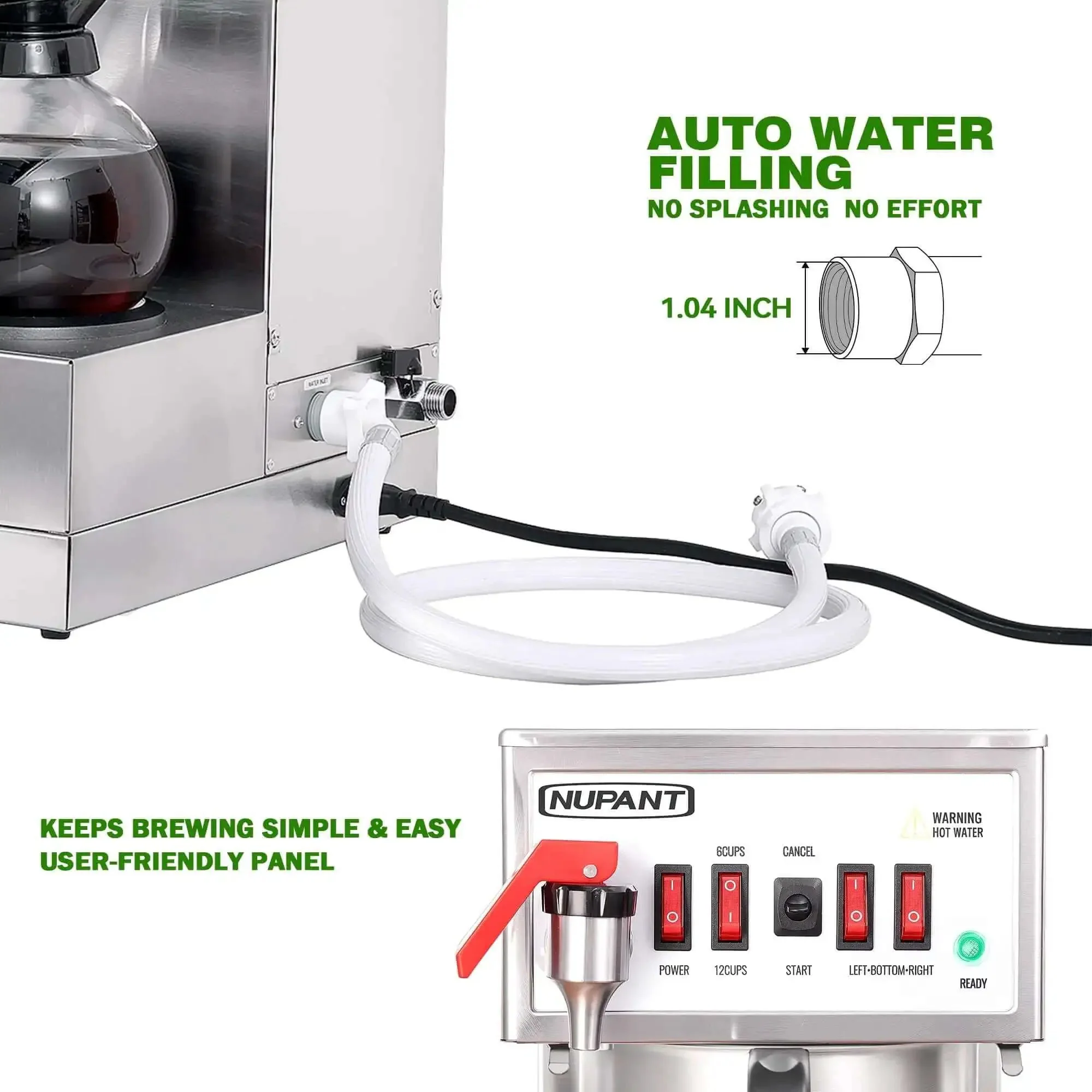 High Volume 12 Cup Auto Filling Drip Coffee Maker With Three Glass Carafes And Three Warmers Heavy Duty Stainless Steel Pour Over Brewer With Hot Water Supply For Restaurant Office Cafe And Busy Break Rooms - Image 5