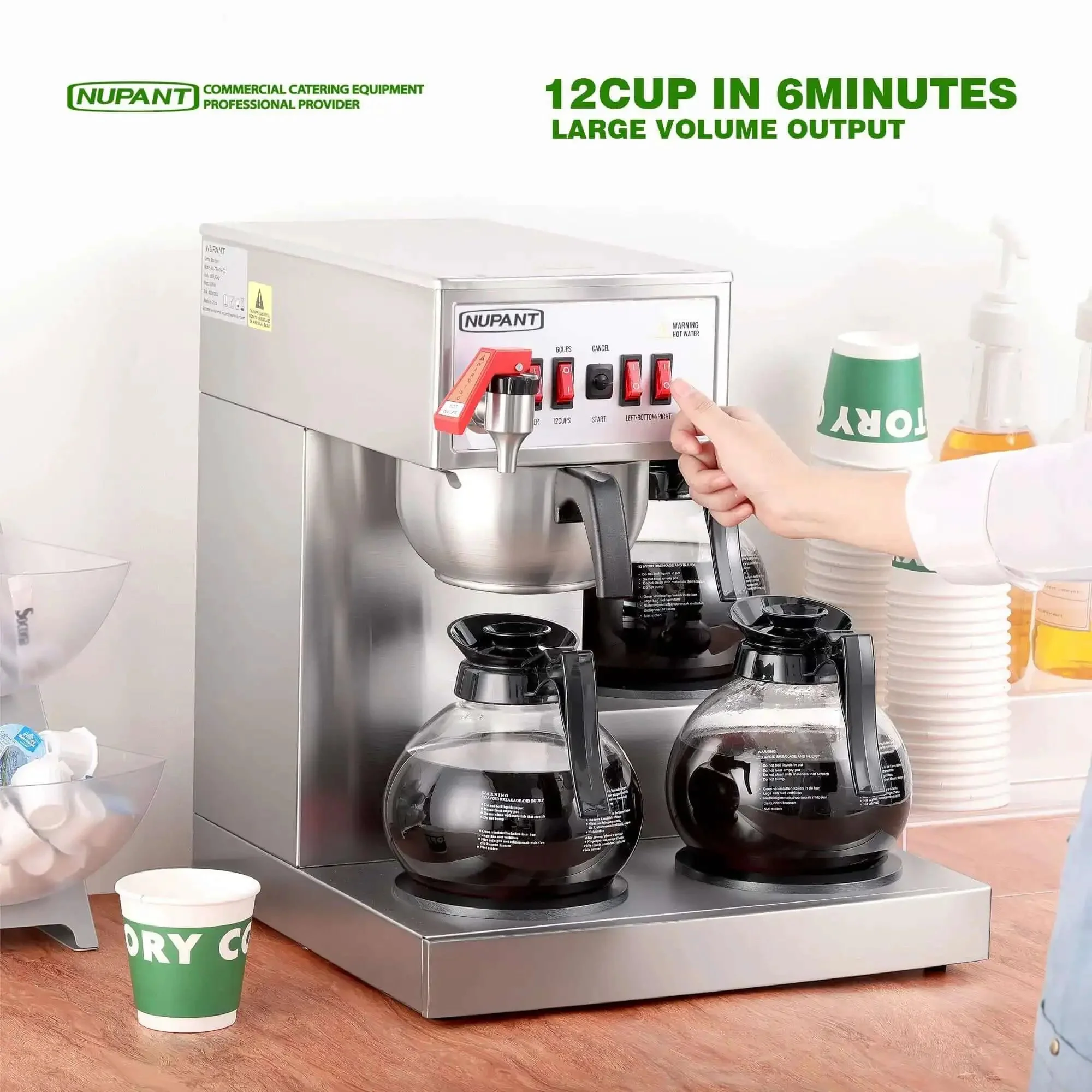 High Volume 12 Cup Auto Filling Drip Coffee Maker With Three Glass Carafes And Three Warmers Heavy Duty Stainless Steel Pour Over Brewer With Hot Water Supply For Restaurant Office Cafe And Busy Break Rooms - Image 6
