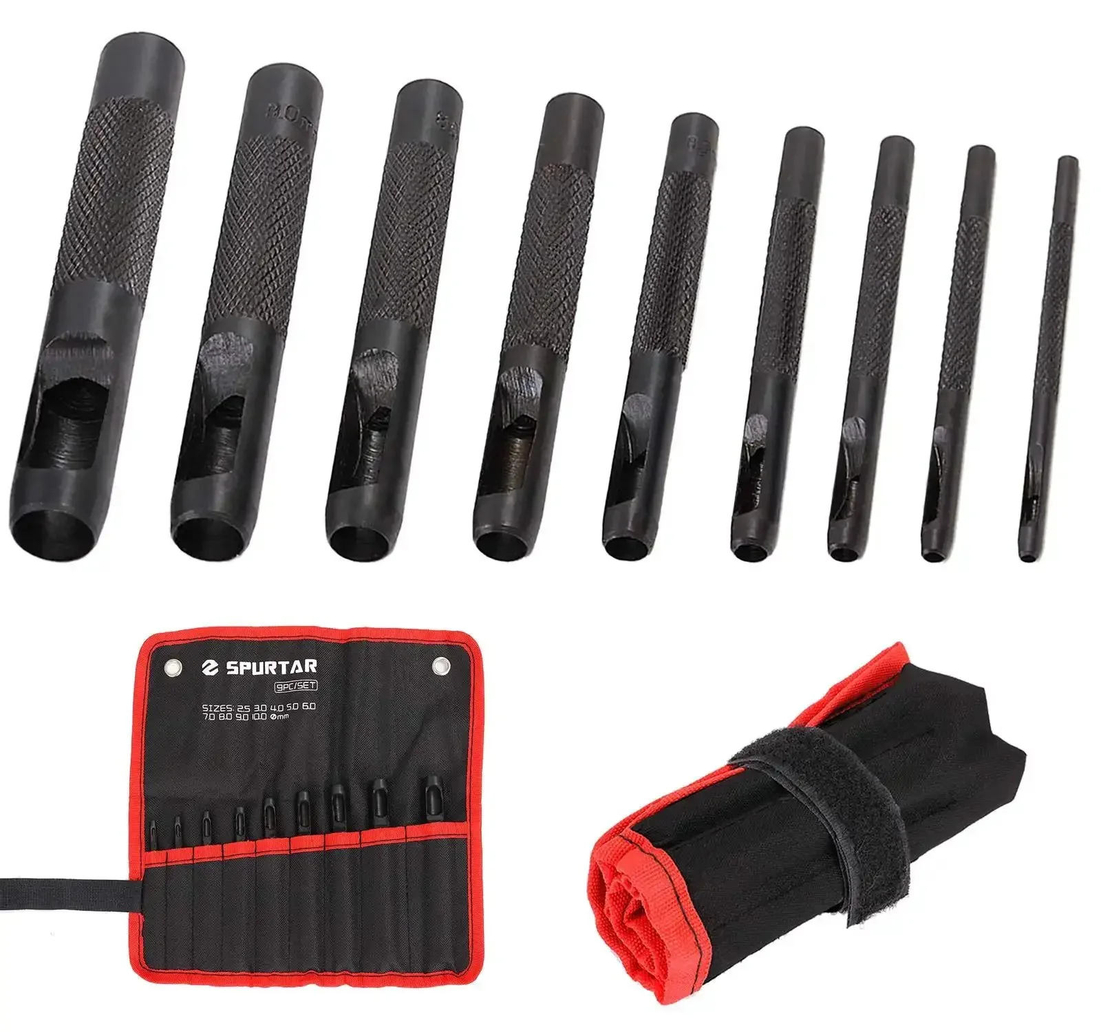 Hollow Leather Punch Set Nine Piece Pro Grade 2.5mm To 10.0mm Carbon Steel Round Punches For Belts, Watch Straps, Gaskets And Cloth, Heavy Duty Leather Hole Tool Kit With Storage Bag