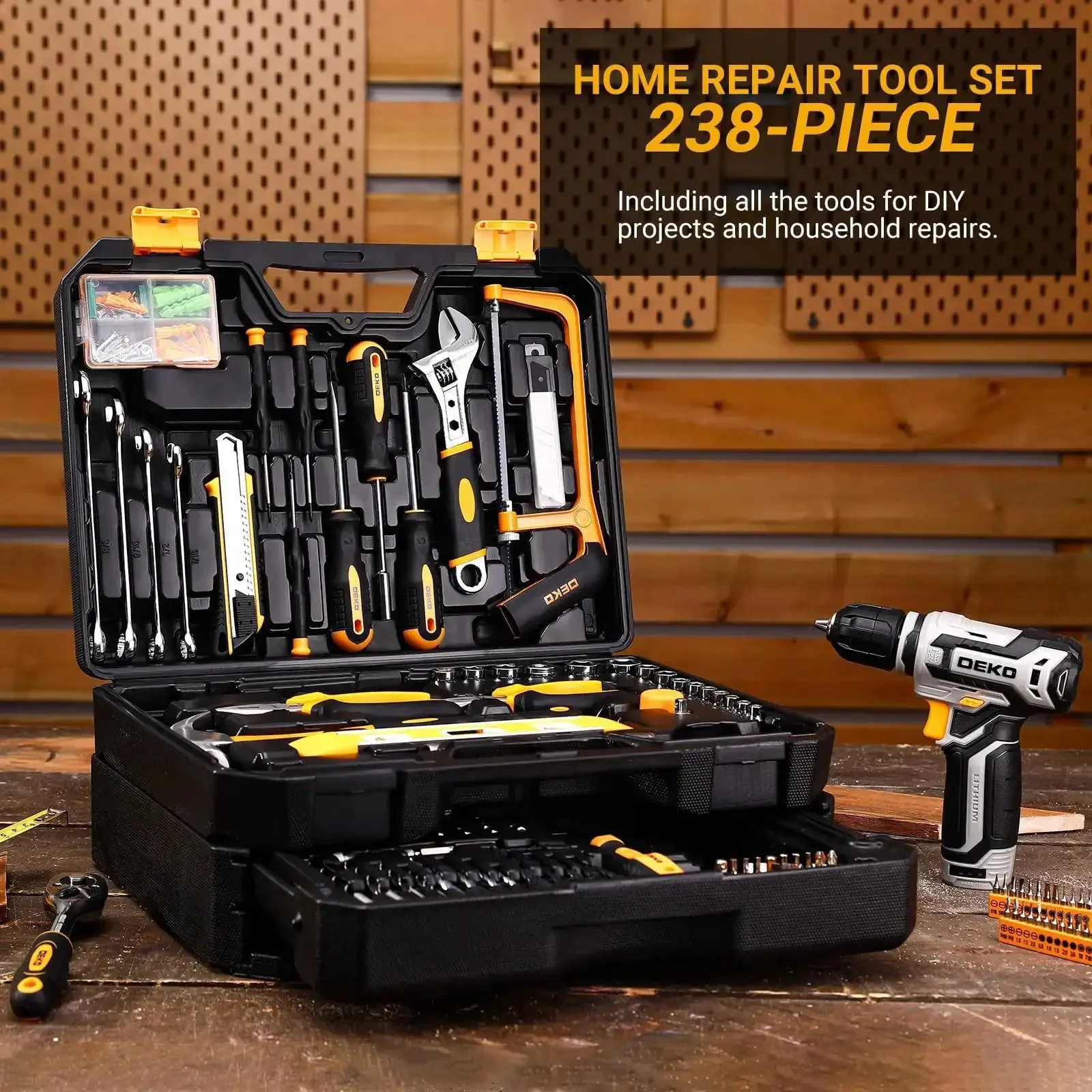 Home Mechanic Tool Box Set With 12V Cordless Drill For DIYers Handy Tools Kit In Portable Drawer Toolbox Organizer For Home Projects And Auto Repairs All In One Storage Case - Image 3