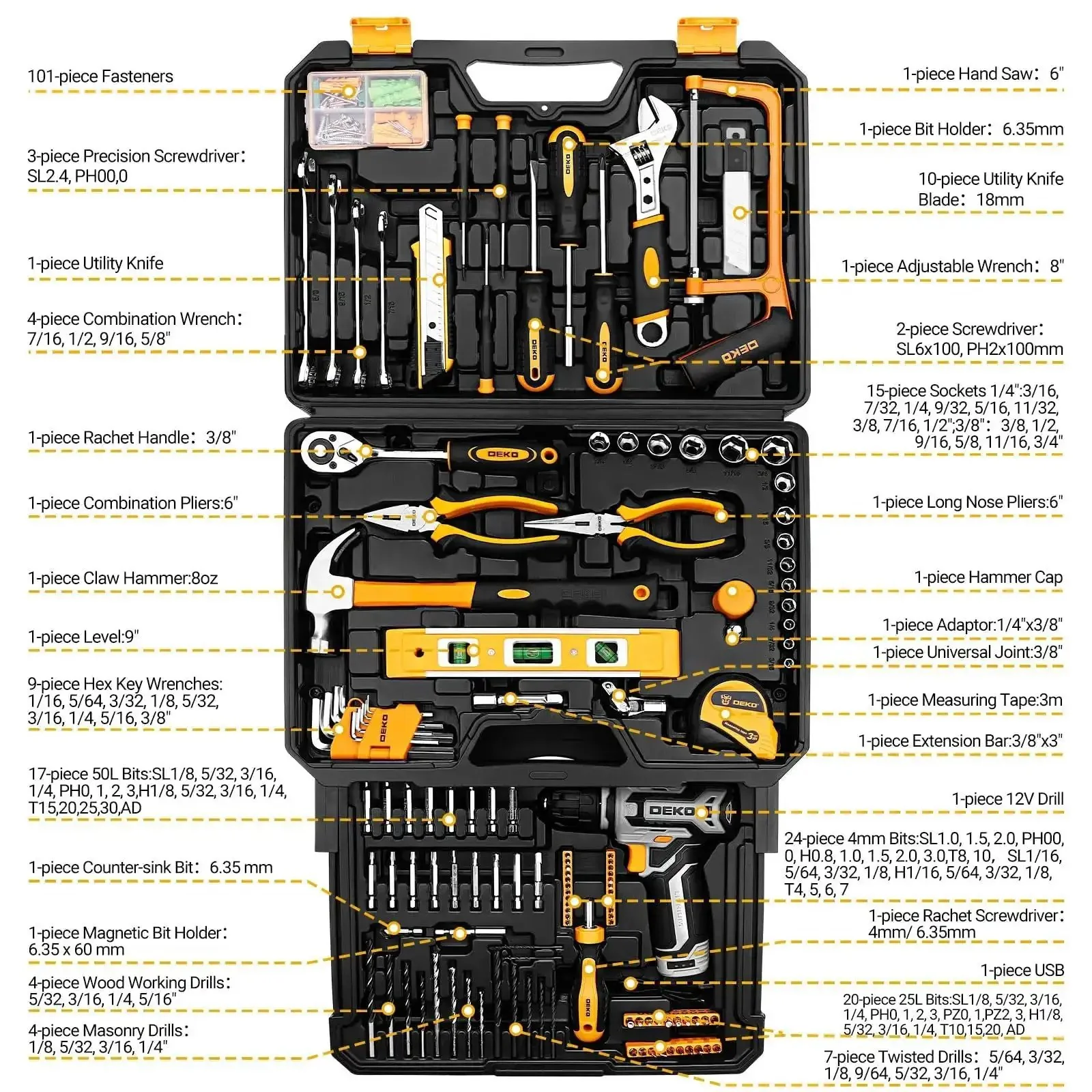 Home Mechanic Tool Box Set With 12V Cordless Drill For DIYers Handy Tools Kit In Portable Drawer Toolbox Organizer For Home Projects And Auto Repairs All In One Storage Case - Image 6