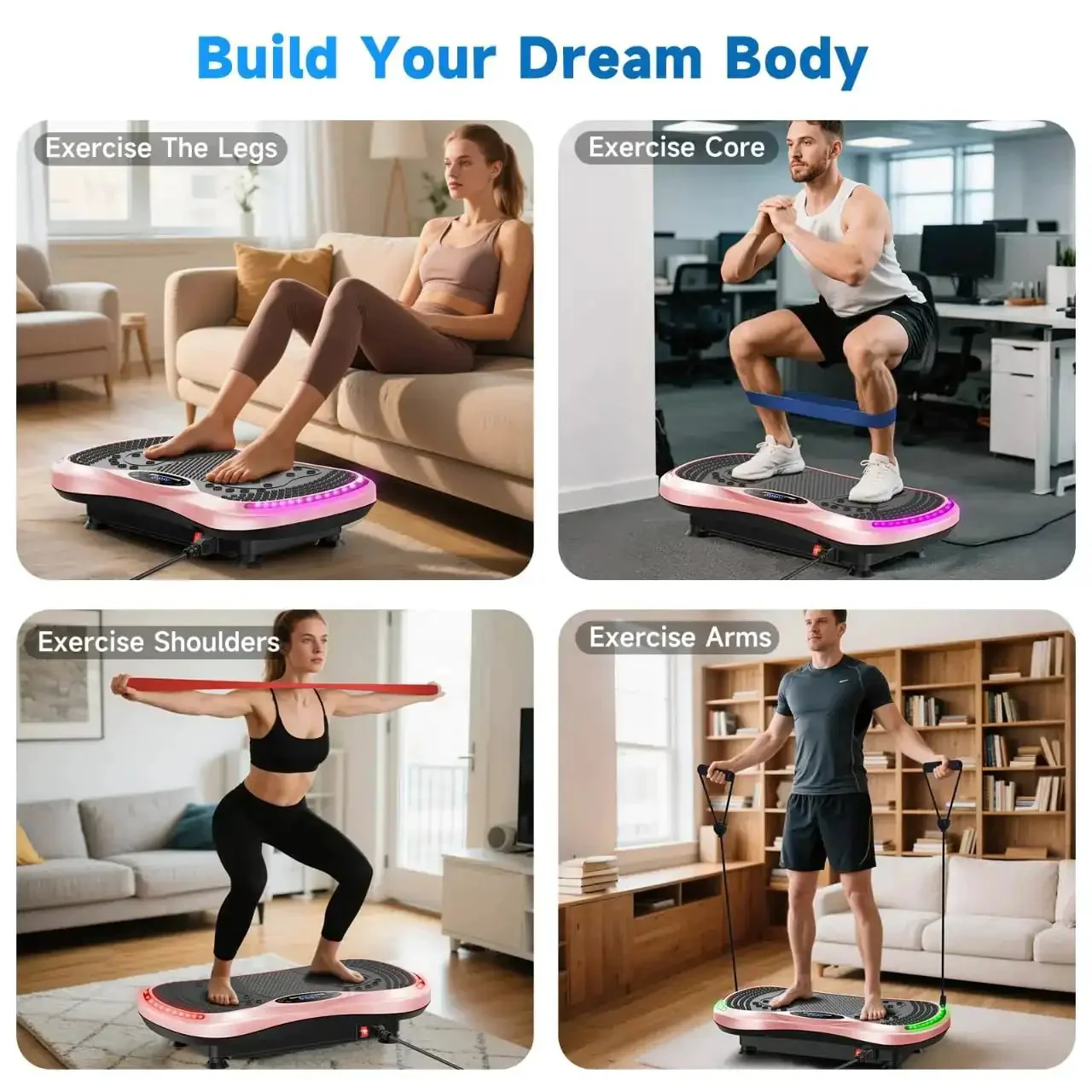 Home Vibration Plate for Lymphatic Drainage and Full Body Toning with 9 Modes and 200 Speed Levels, 400 Lb Weight Capacity, Includes 2 Loop Bands and 4 Resistance Straps, Pink - Image 2