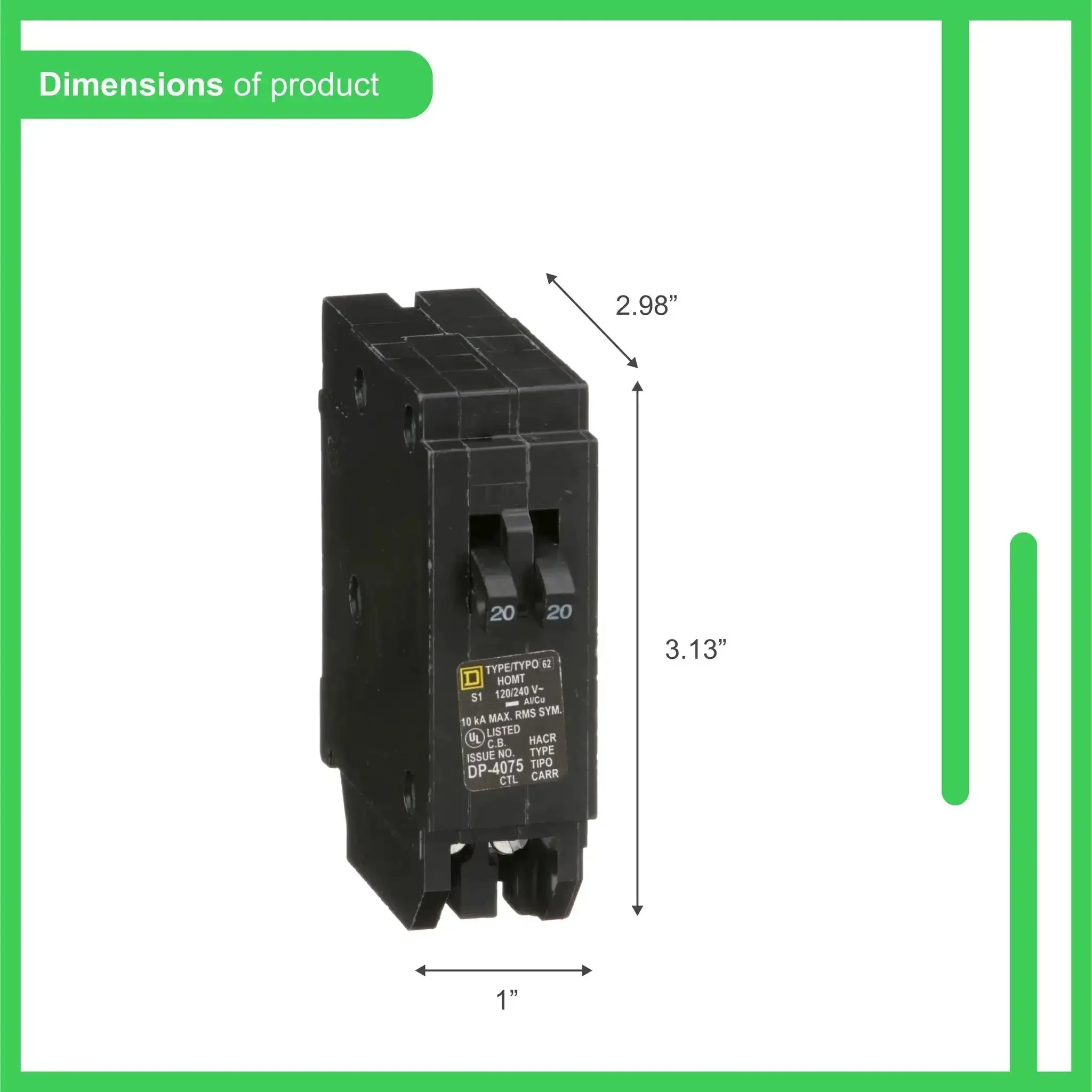Homeline Tandem Circuit Breaker 20 Amp Dual Single Pole With 10kA Interrupt Rating, Easy Plug On Design For Homeline Loadcenters, Compatible With Homeline Panels - Image 2