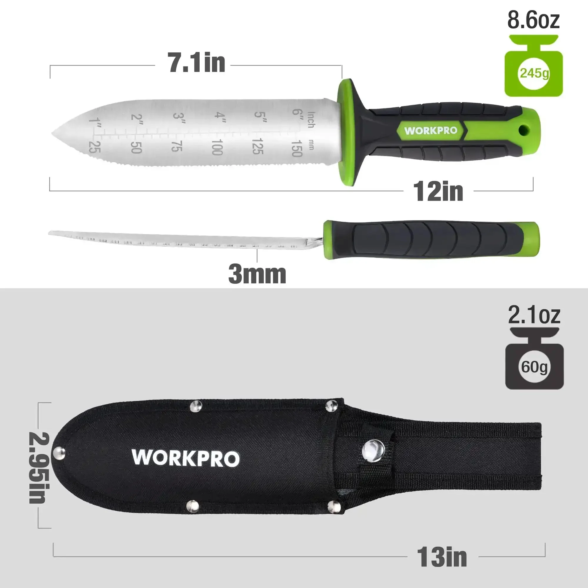 Hori Hori Garden Knife With 7 Inch Stainless Blade Dual Edge For Weeding Digging Planting Ergonomic TRP Handle With Hanging Hole And Oxford Sheath Green - Image 6
