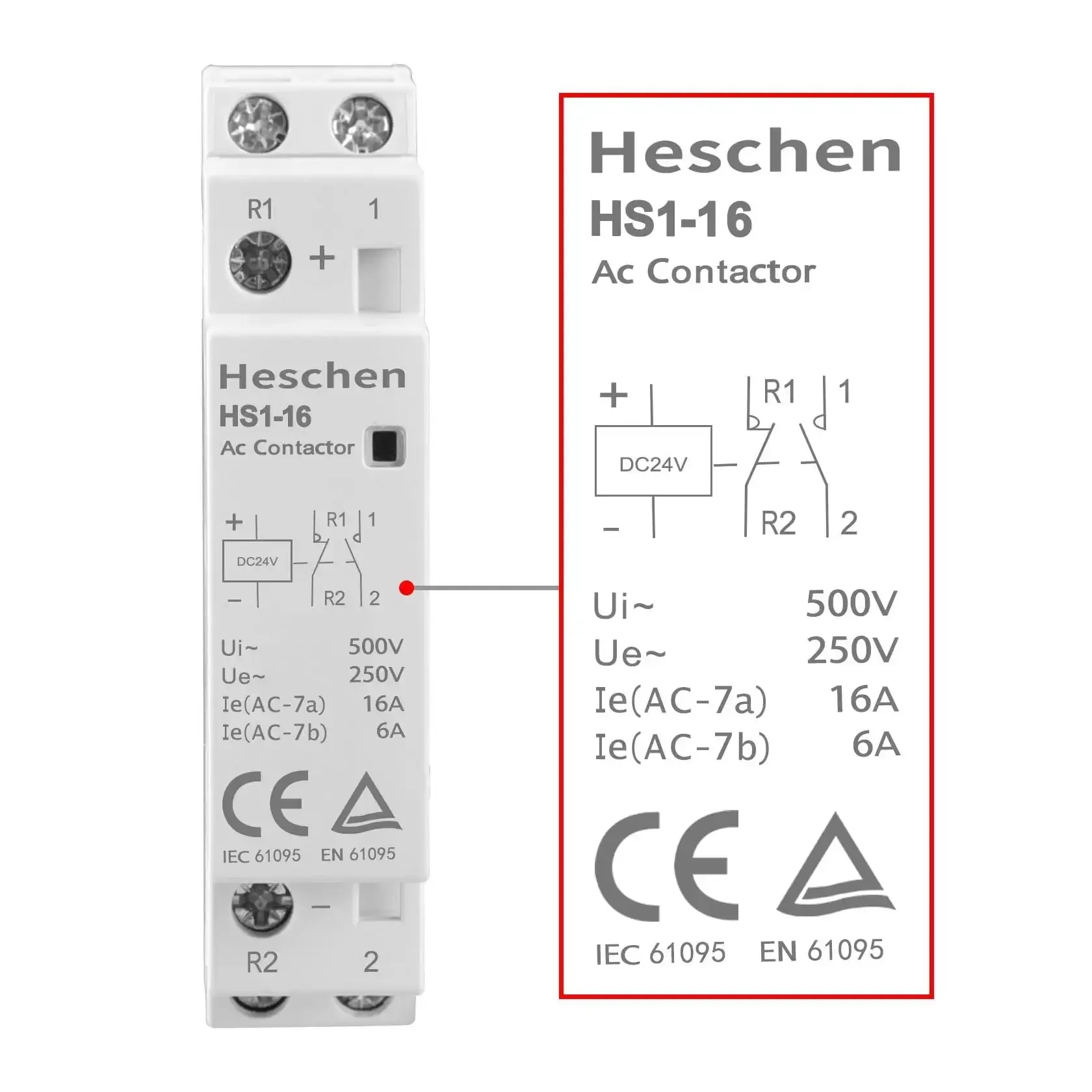 Household AC Contactor HSR1-16 16A 2 Pole 2NC With 24V DC Coil, 35mm DIN Rail Mount, Ue 250V Ui 500V, AC-7a 16A AC-7b 6A, CE And TUV Listed, Easy Install, Plug And Play Ready, Reliable Home Panel Relay - Image 3