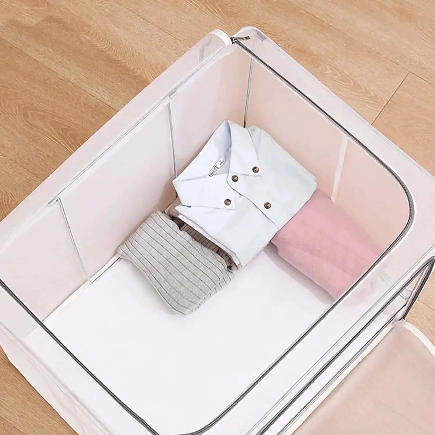Huge 80L Foldable Storage Bins Organizer With Metal Frame And Durable Handles Clear And Gray 3 Pack For Clothes Bedding Toys And More Waterproof Stackable Tote Boxes With No Assembly Needed - Image 3