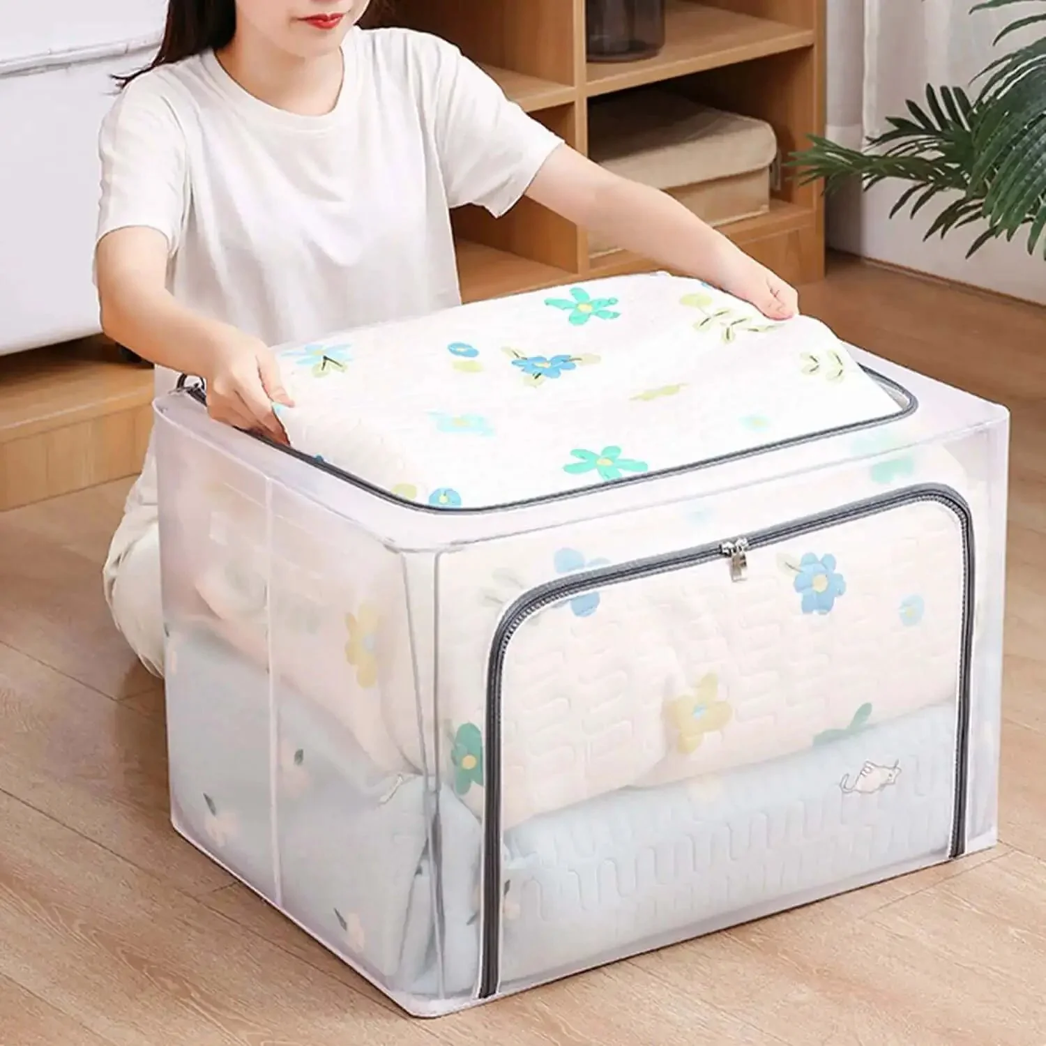 Huge 80L Foldable Storage Bins Organizer With Metal Frame And Durable Handles Clear And Gray 3 Pack For Clothes Bedding Toys And More Waterproof Stackable Tote Boxes With No Assembly Needed - Image 6