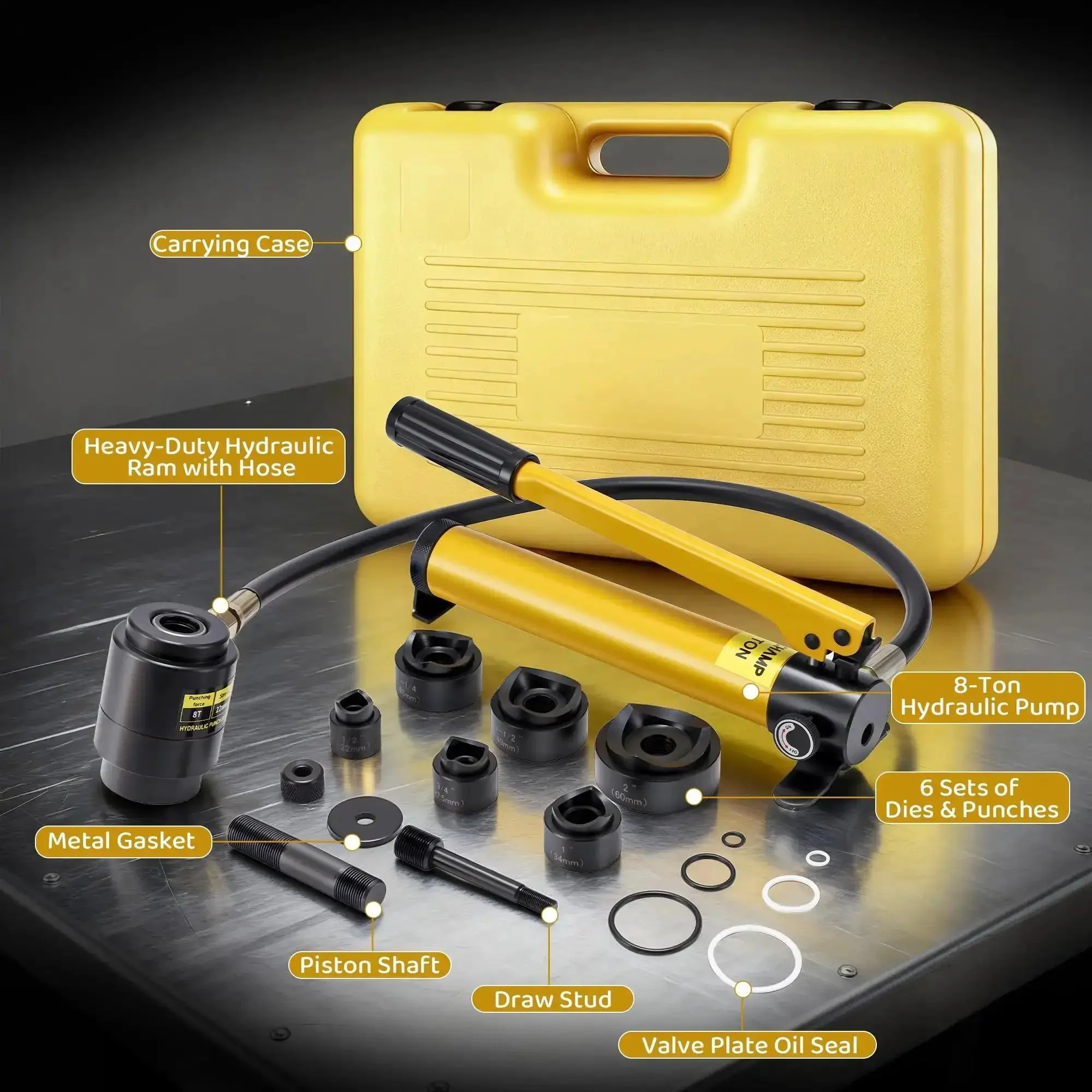 Hydraulic Knockout Punch Kit For Half Inch To Two Inch Conduit Holes, Eight Ton Manual Driver, Includes Six Dies, Durable Aluminum Brass Stainless Steel Hole Cutter Tool For Clean, Easy Punches - Image 5
