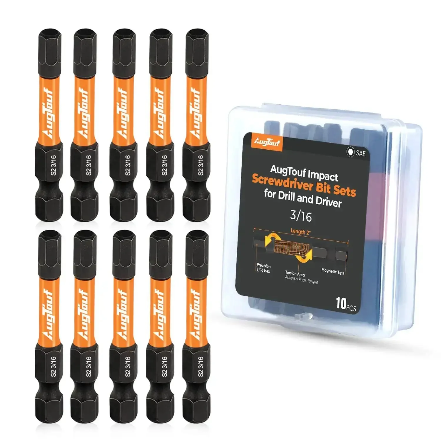 Impact Hex Bit Set 3/16 Inch 10 Piece With 1/4 Inch Hex Shank 2 Inch Long S2 Steel CNC Machined Tips Magnetic For Secure Fit And Durability Includes Storage Box For Heavy Duty Drill Driver