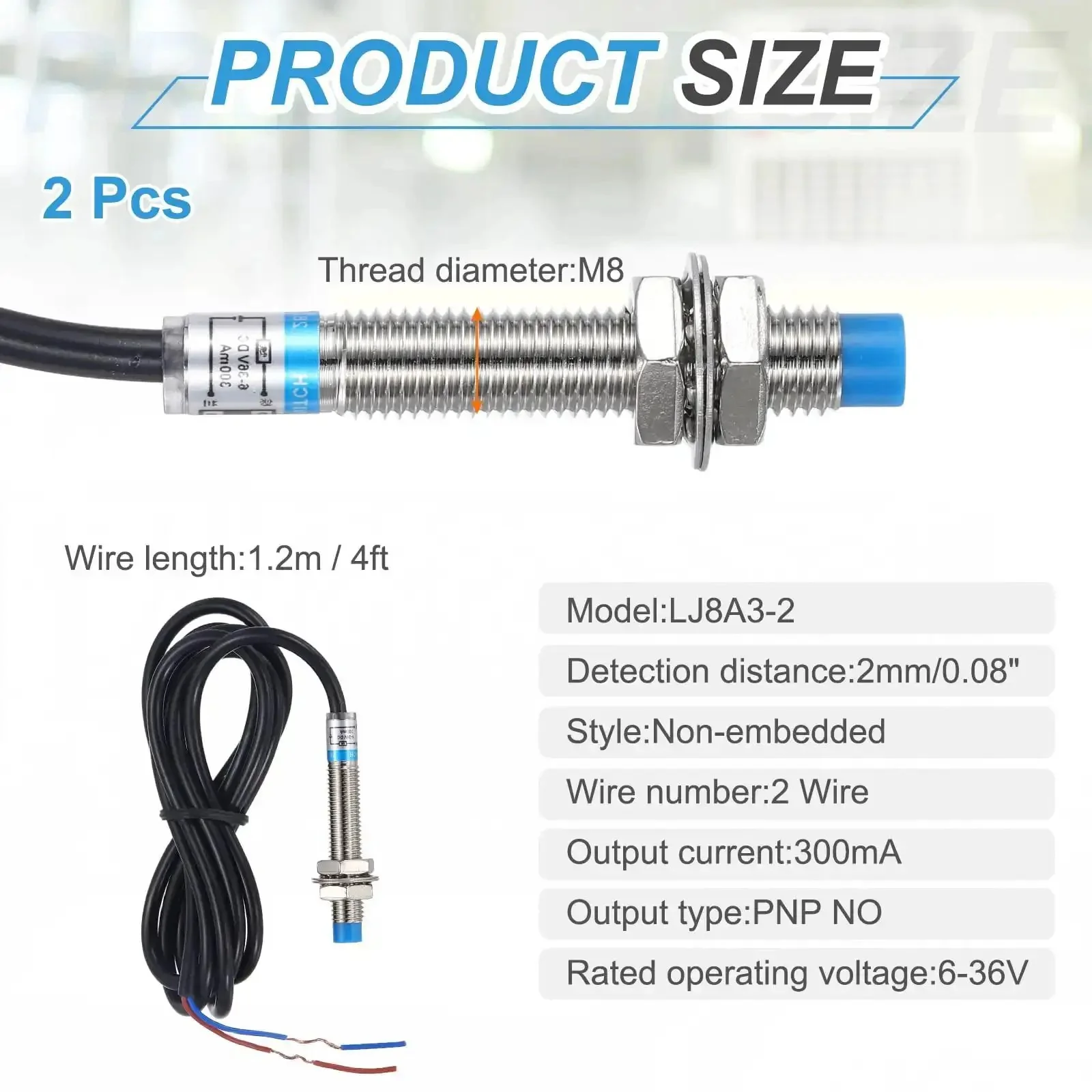 Inductive Proximity Sensor 2 Pack Workhorse Pro Grade PNP No M8 DC 6 to 36V 300mA 2mm Sensing Distance 2 Wire Industrial Automation Sensor for Metal Detection and Positioning - Image 5