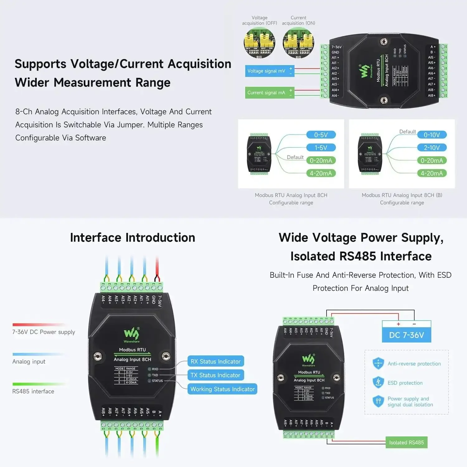Industrial 8 Channel Analog Acquisition Module With 12 Bit High Precision ADC For Voltage And Current Sensing Wide 7 To 36V Power Supply 0 To 10V Inputs 8 Channel Voltage Mode Built In ESP32 S3 For WiFi And Bluetooth LE Type C Connector - Image 3