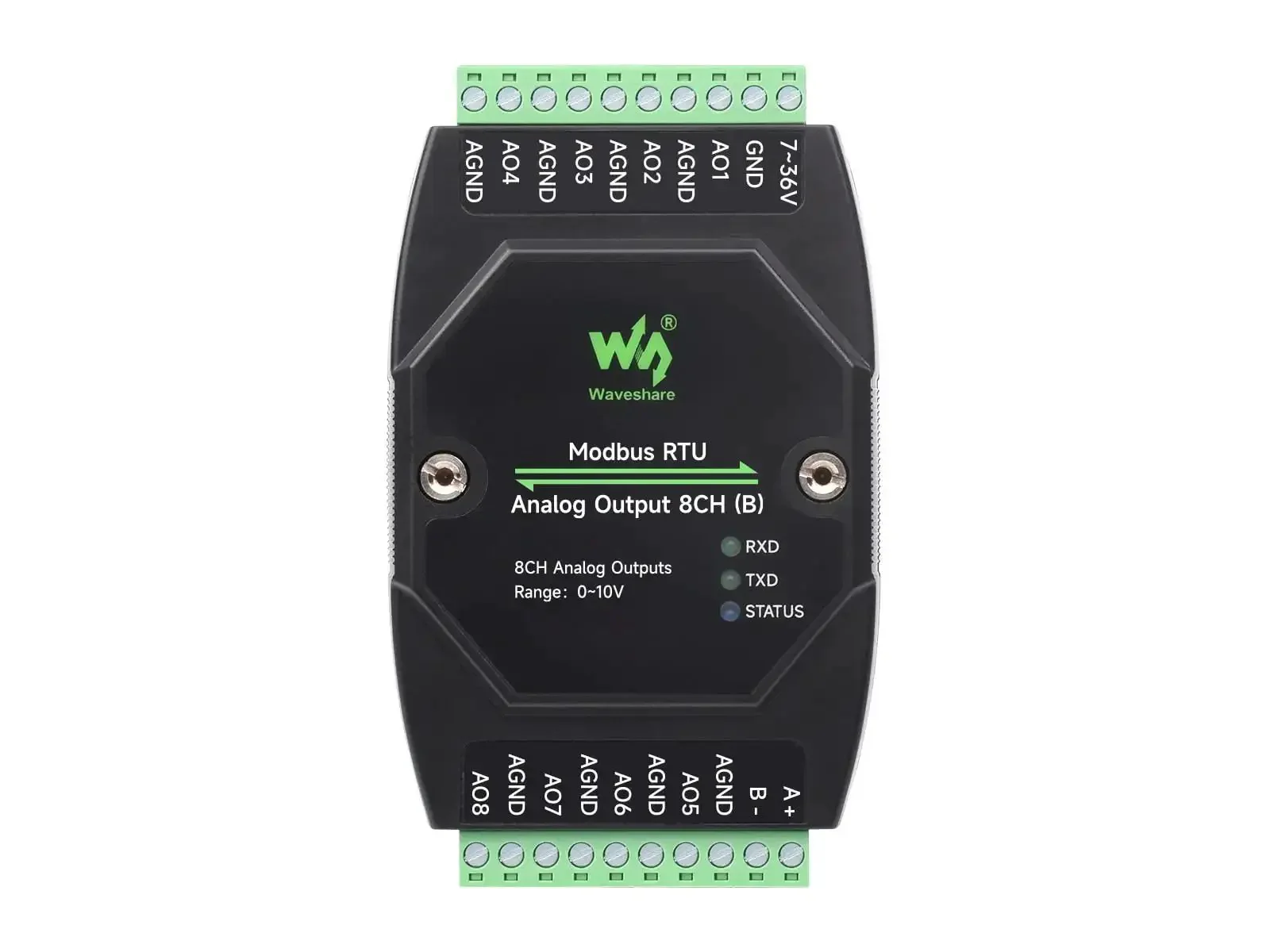 Industrial 8 Channel Analog Output Module With 12-Bit DAC For 8 Simultaneous Voltage Outputs, RS485 Modbus RTU Ready, Wide 7 to 36V DC Power, Rail Mount, Cascadable Address 1-255, Isolated Supply