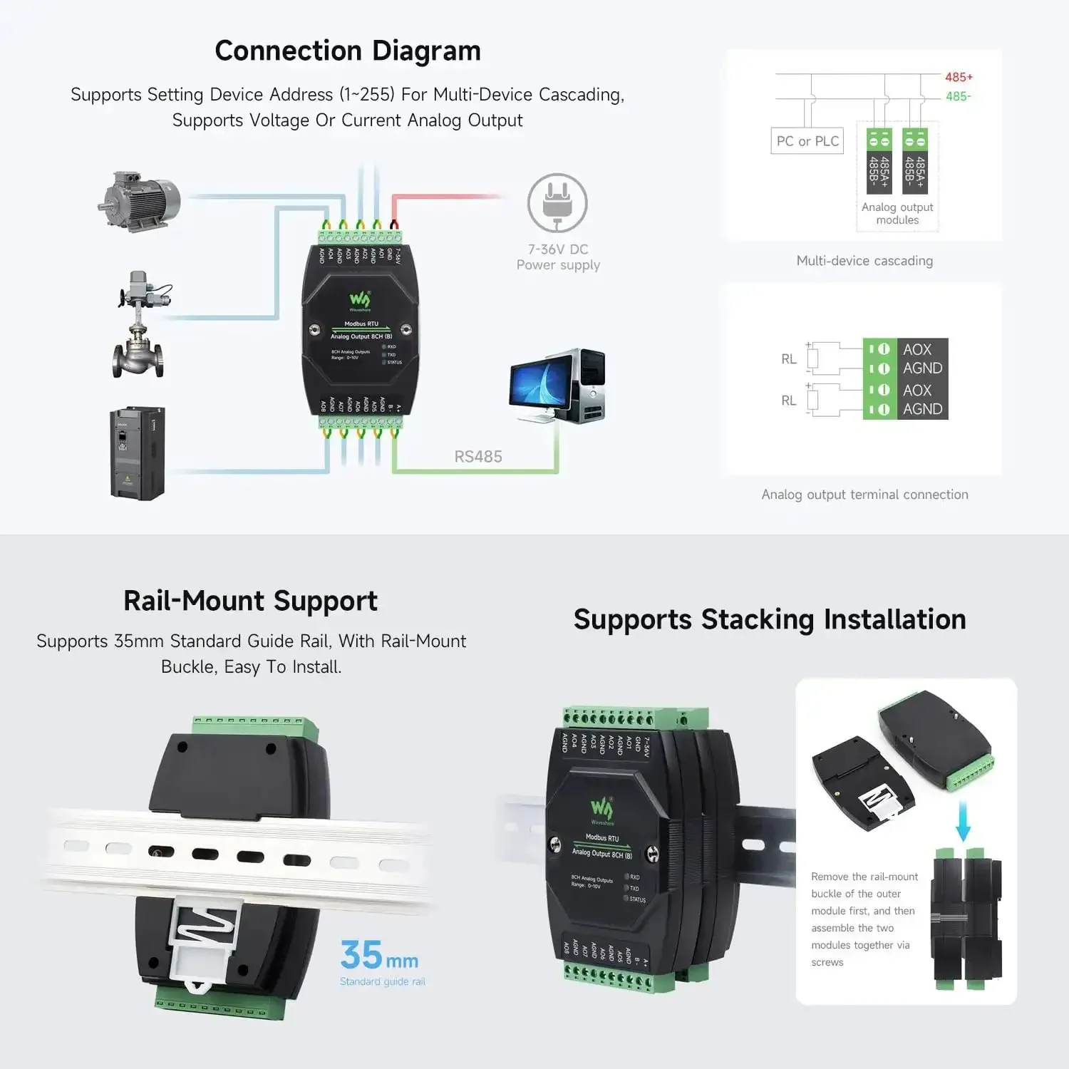 Industrial 8 Channel Analog Output Module With 12-Bit DAC For 8 Simultaneous Voltage Outputs, RS485 Modbus RTU Ready, Wide 7 to 36V DC Power, Rail Mount, Cascadable Address 1-255, Isolated Supply - Image 2
