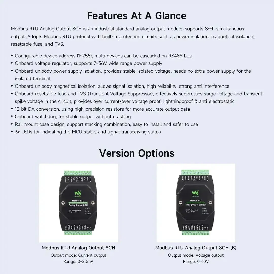 Industrial 8 Channel Analog Output Module With 12-Bit DAC For 8 Simultaneous Voltage Outputs, RS485 Modbus RTU Ready, Wide 7 to 36V DC Power, Rail Mount, Cascadable Address 1-255, Isolated Supply - Image 6