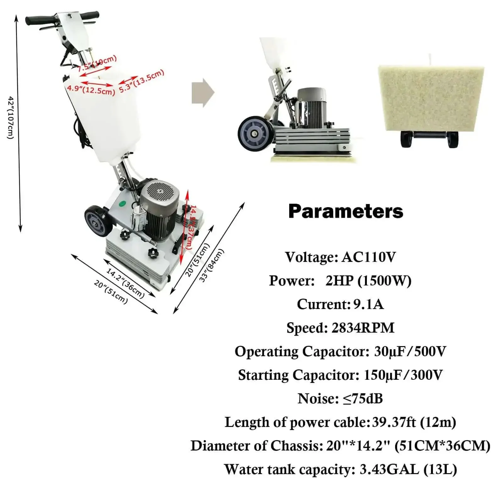 Industrial Floor Scrubber Grinding Machine With 3.43 Gal Capacity, 2834 RPM Polisher With 1500W Pure Copper Motor, 20x14.2 In Brush Disk, Commercial Grade Square Chassis, Multi Functional Polisher, 110V - Image 9
