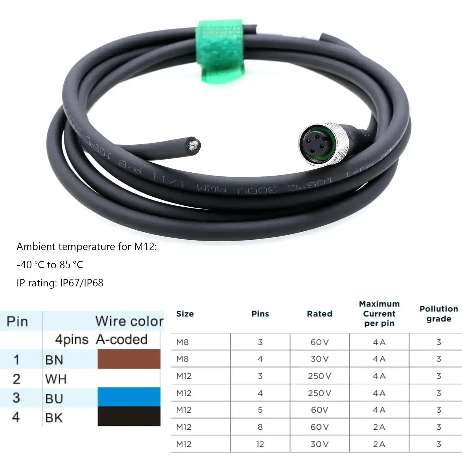 Industrial Grade M12 A Coded 4 Pin Female Shielded Cable For Actuator Sensor Encoder To Bare Wire Leads 1m Heavy Duty Cable For Industrial Automation DeviceNet CANopen IO Link Profibus Fieldbus - Image 3