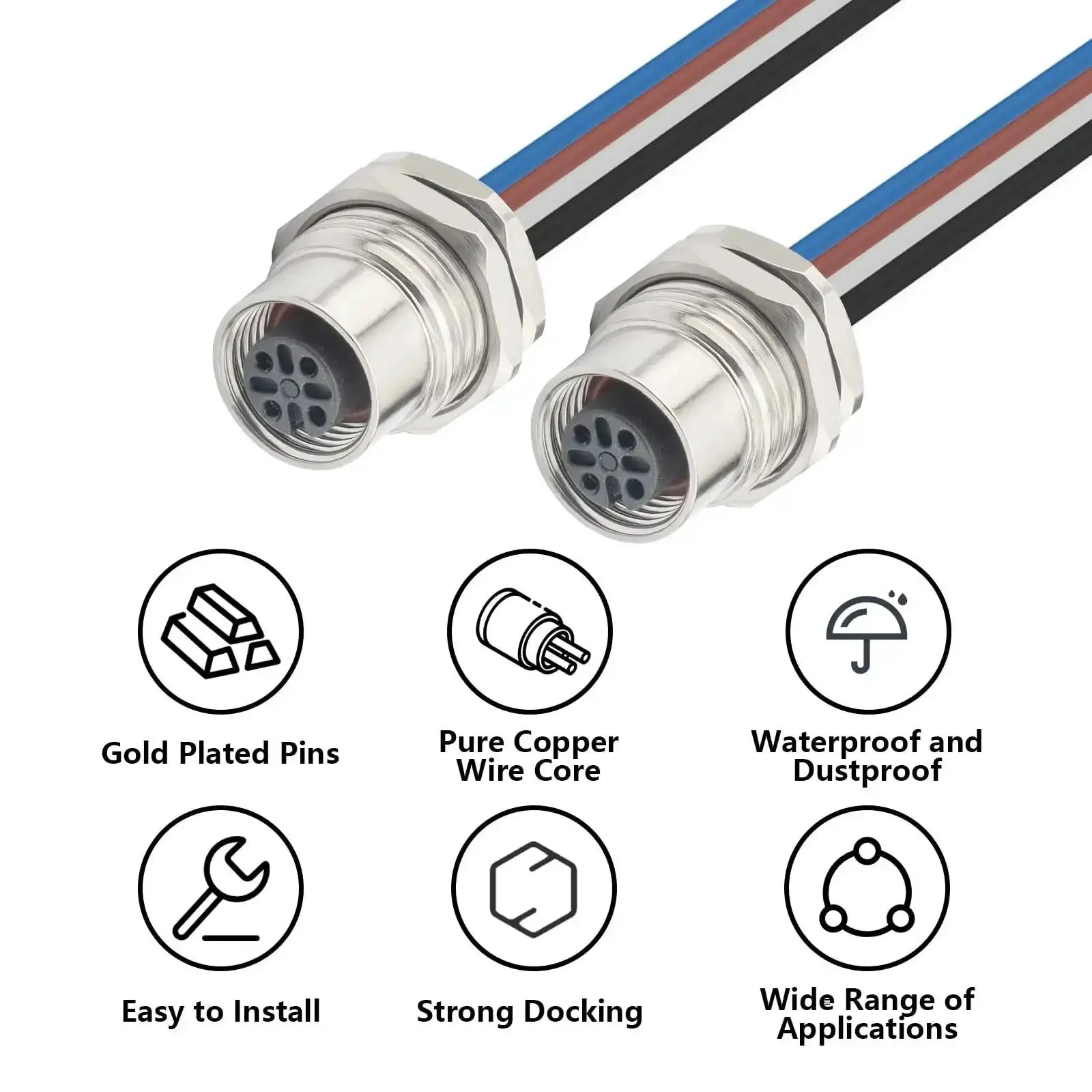 Industrial M12 A Coded 4 Pin Female Field Wireable Connector Panel Mount 16mm Aviation Style IP67 Waterproof Rear Mount Sensor Receptacle Cable Two Pack Rugged Built Tough - Image 4