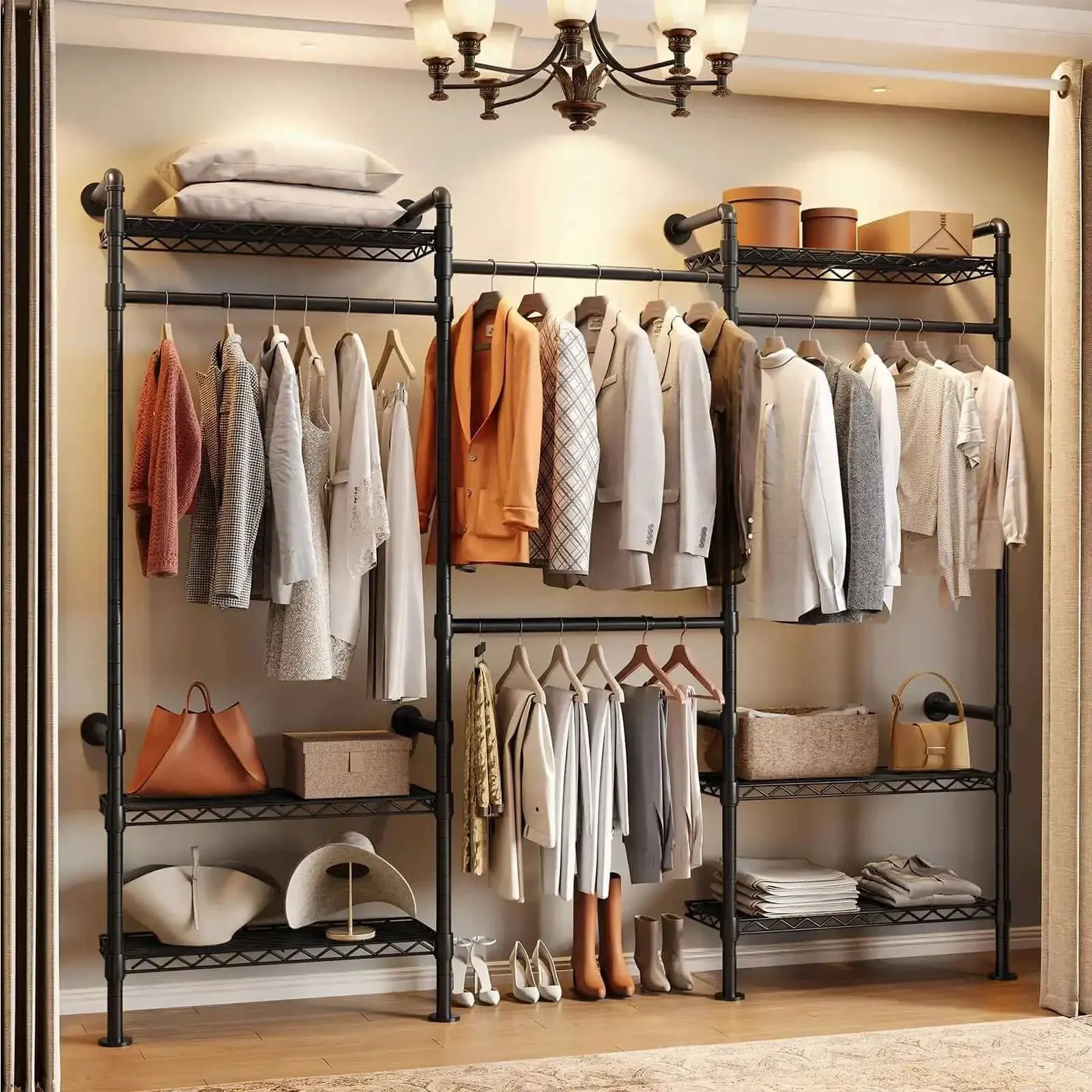 Industrial Pipe Wall Mounted Garment Rack With Walk In Closet System, Four Expandable Rods And Six Adjustable Shelves, Hanging Clothes Organizer, Storage Solution, Black Metal Closet Shelving For Home Or Studio