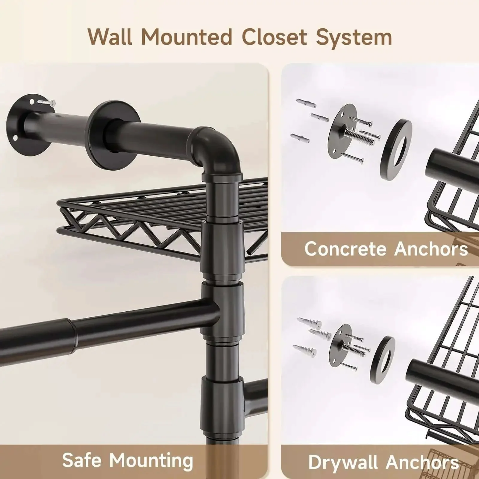 Industrial Pipe Wall Mounted Garment Rack With Walk In Closet System, Four Expandable Rods And Six Adjustable Shelves, Hanging Clothes Organizer, Storage Solution, Black Metal Closet Shelving For Home Or Studio - Image 2