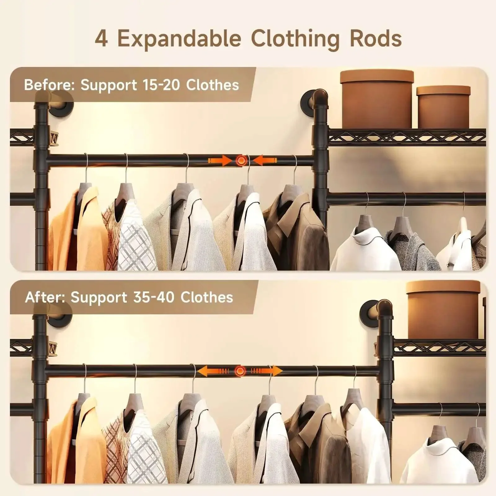 Industrial Pipe Wall Mounted Garment Rack With Walk In Closet System, Four Expandable Rods And Six Adjustable Shelves, Hanging Clothes Organizer, Storage Solution, Black Metal Closet Shelving For Home Or Studio - Image 5