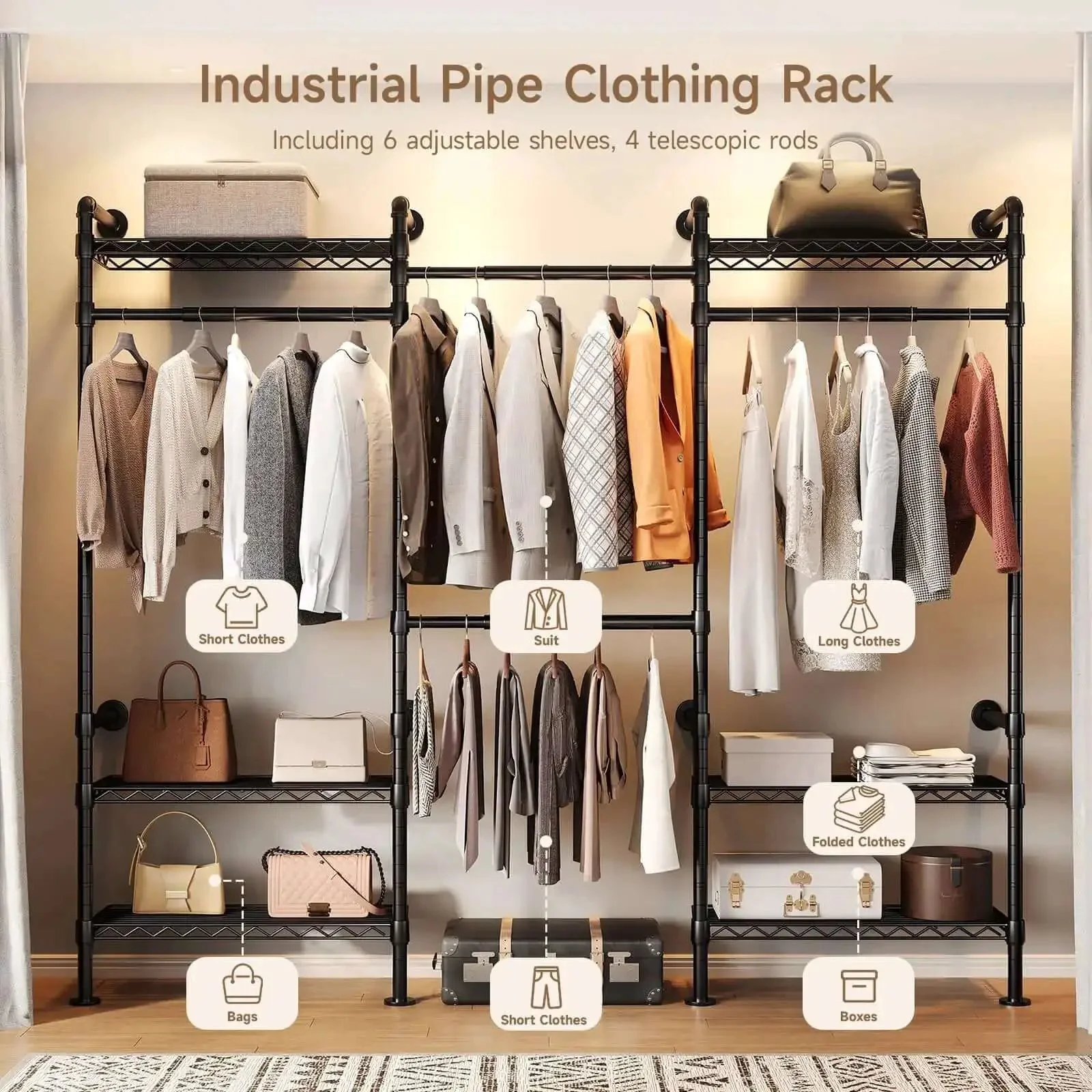 Industrial Pipe Wall Mounted Garment Rack With Walk In Closet System, Four Expandable Rods And Six Adjustable Shelves, Hanging Clothes Organizer, Storage Solution, Black Metal Closet Shelving For Home Or Studio - Image 6