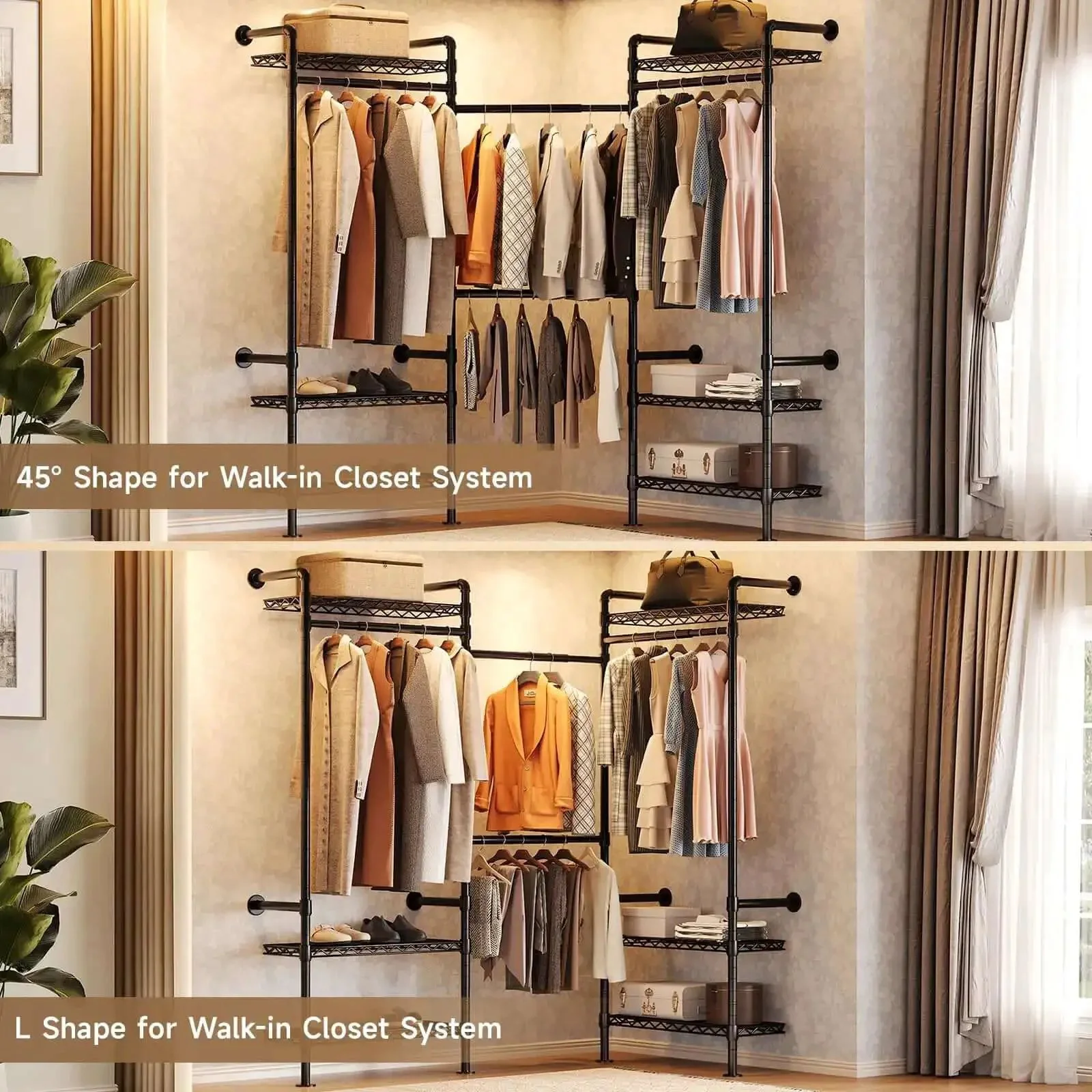 Industrial Pipe Wall Mounted Garment Rack With Walk In Closet System, Four Expandable Rods And Six Adjustable Shelves, Hanging Clothes Organizer, Storage Solution, Black Metal Closet Shelving For Home Or Studio - Image 7