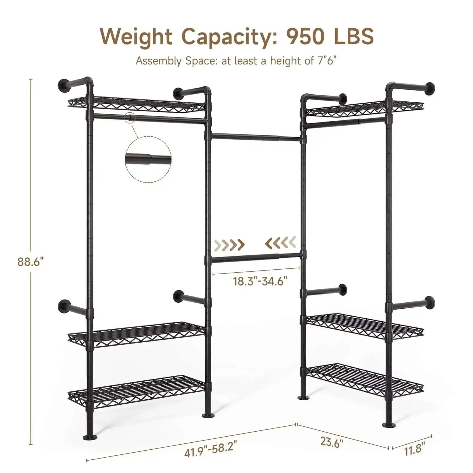 Industrial Pipe Wall Mounted Garment Rack With Walk In Closet System, Four Expandable Rods And Six Adjustable Shelves, Hanging Clothes Organizer, Storage Solution, Black Metal Closet Shelving For Home Or Studio - Image 9