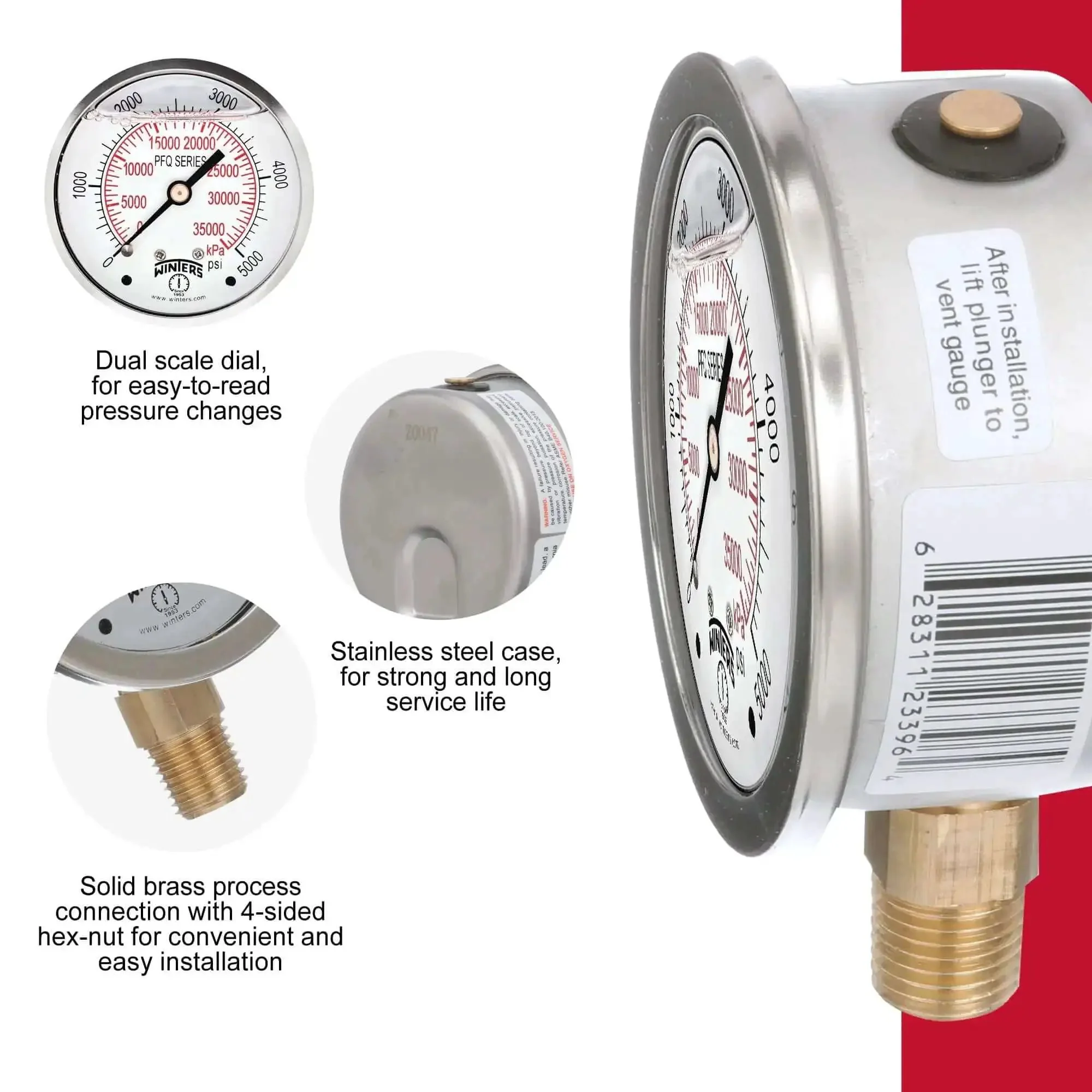 Industrial Pressure Gauge With Two And A Half Inch Dial, A Real Workhorse, Liquid Filled Brass Internals In A Stainless Steel Case, Dual Scale 0 To 5000 PSI And KPa, 1.5 Percent Accuracy, Quarter Inch NPT Bottom Mount, Glycerin Filled - Image 6
