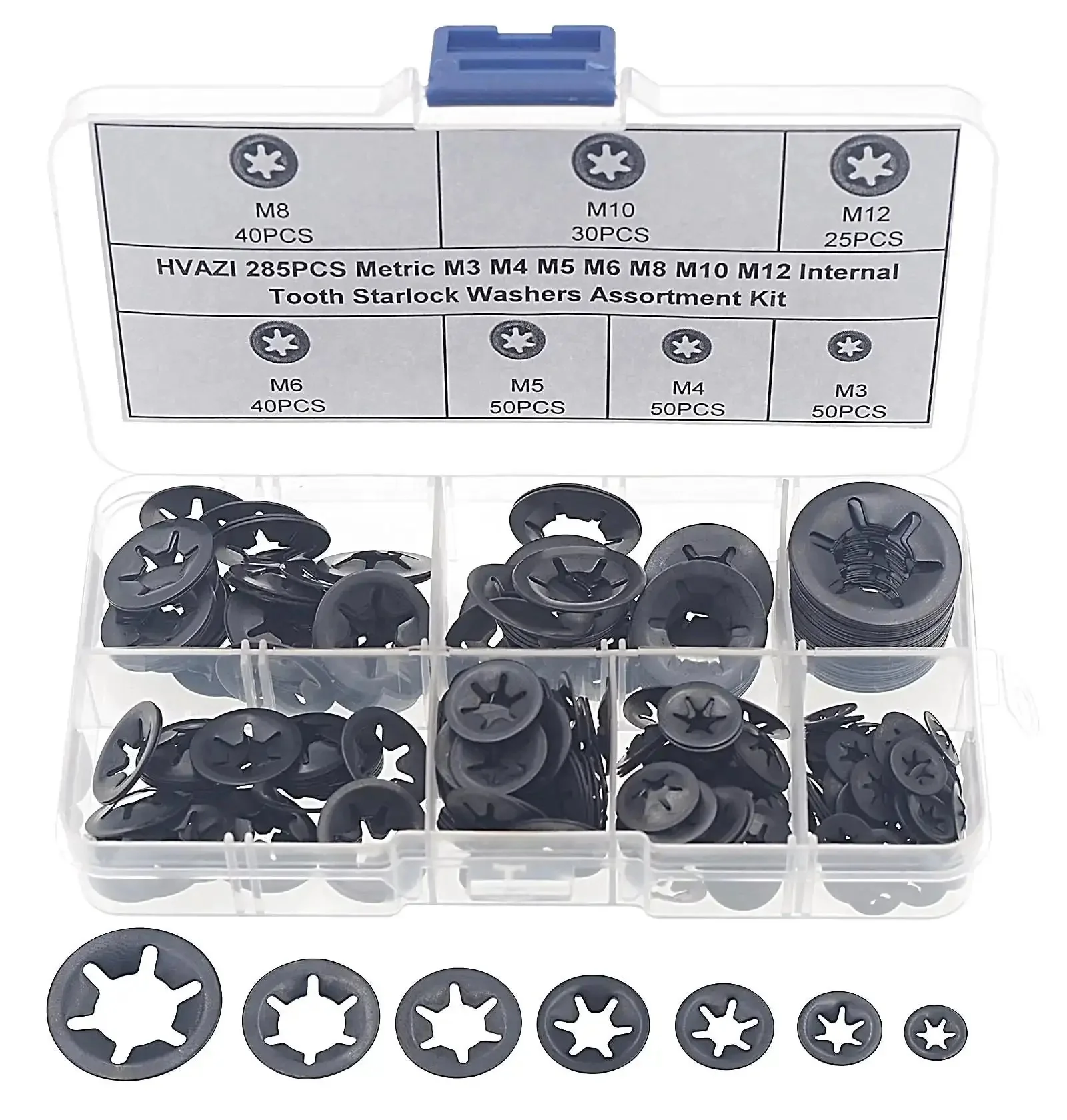 Industrial Starlock Push On Washers Assortment Kit 285 Pieces With External Push Rings And Speed Clips 7 Sizes M3 M4 M5 M6 M8 M10 M12 Heavy Duty 65Mn Spring Steel