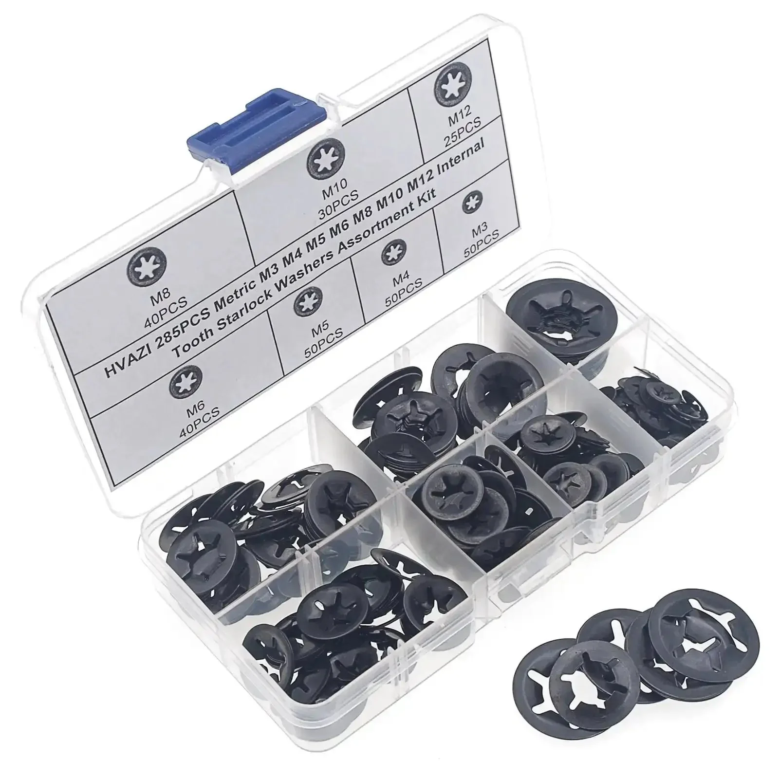 Industrial Starlock Push On Washers Assortment Kit 285 Pieces With External Push Rings And Speed Clips 7 Sizes M3 M4 M5 M6 M8 M10 M12 Heavy Duty 65Mn Spring Steel - Image 3