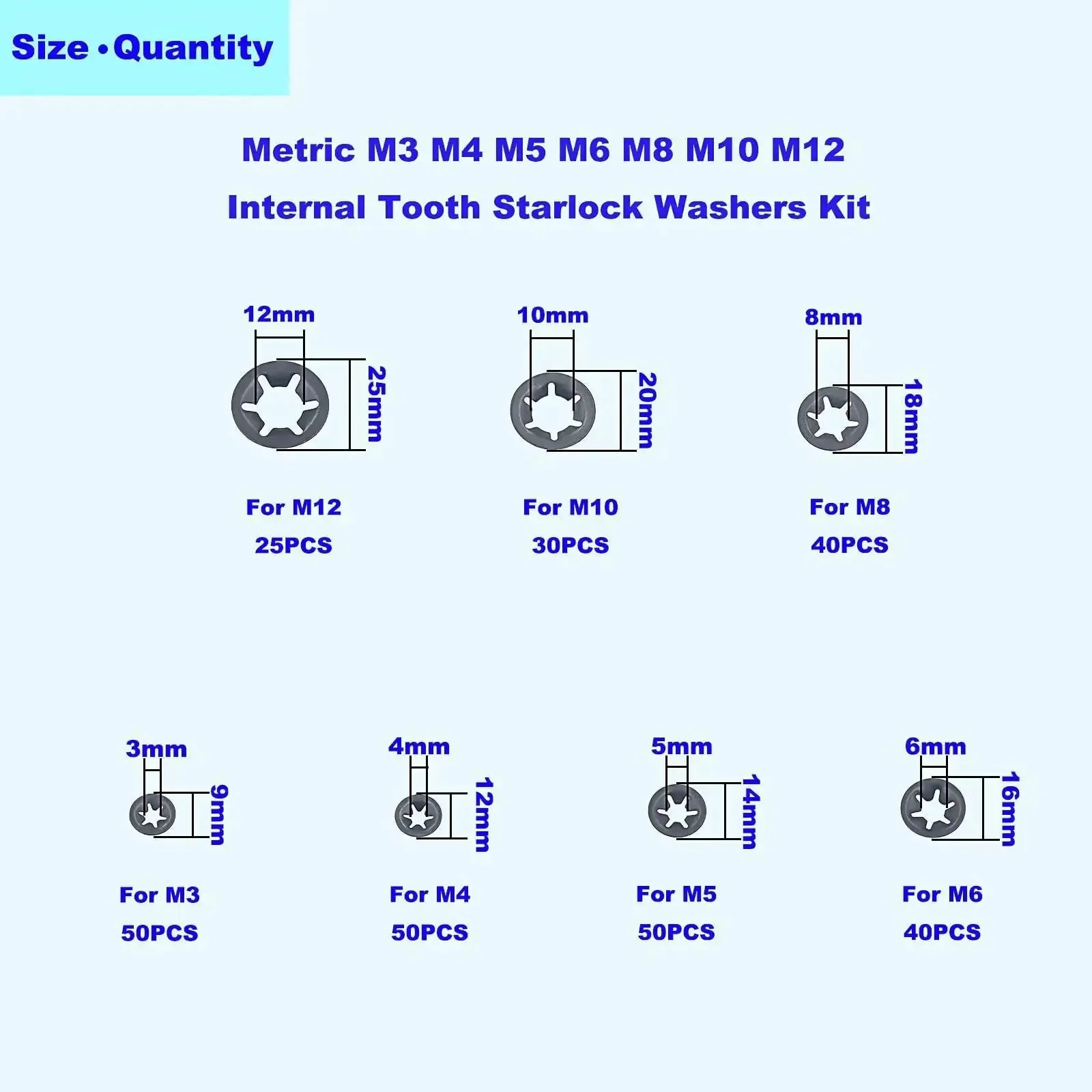 Industrial Starlock Push On Washers Assortment Kit 285 Pieces With External Push Rings And Speed Clips 7 Sizes M3 M4 M5 M6 M8 M10 M12 Heavy Duty 65Mn Spring Steel - Image 6