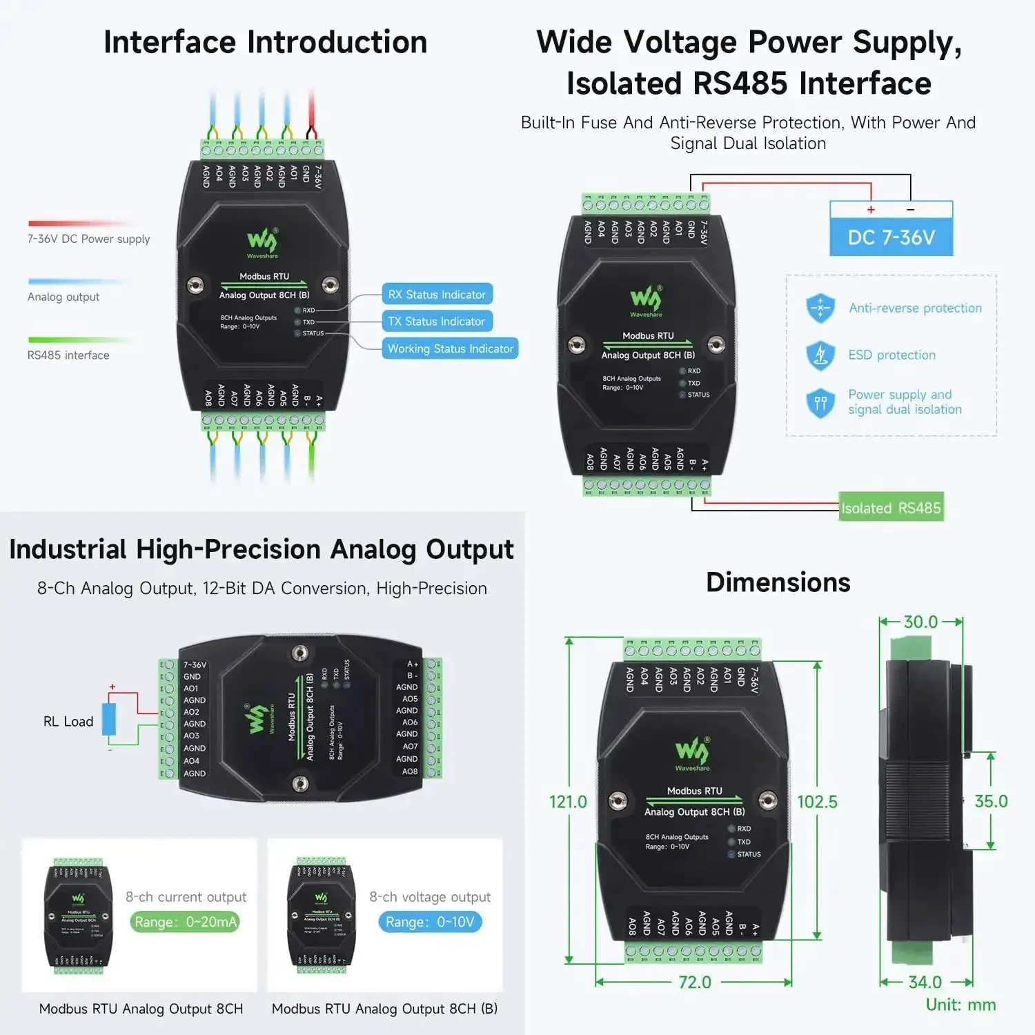Industrial Twin Pack 8-Channel Analog Output Modules With 12-Bit DAC, Supports 8 Simultaneous Voltage Outputs, Wide DC 7 To 36V Power, Modbus RTU Protocol, Rail Mount Ready, Rugged Control Interface - Image 3
